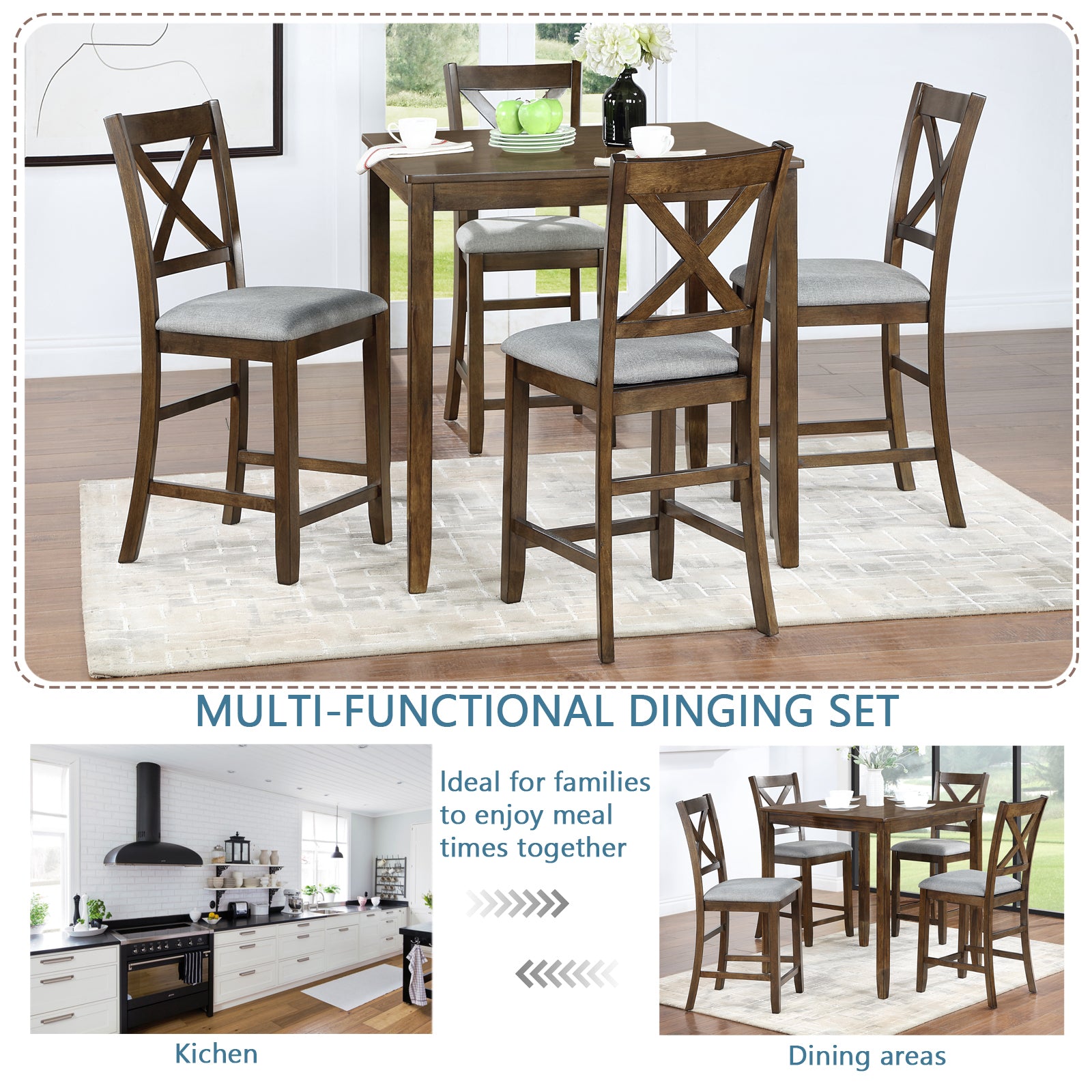 5 Piece Dining Table Set, Wooden Dining Square Table Set for 4, Counter Height Kitchen Table Set with Square Table and 4 Upholstered Chairs for Small Space, Walnut