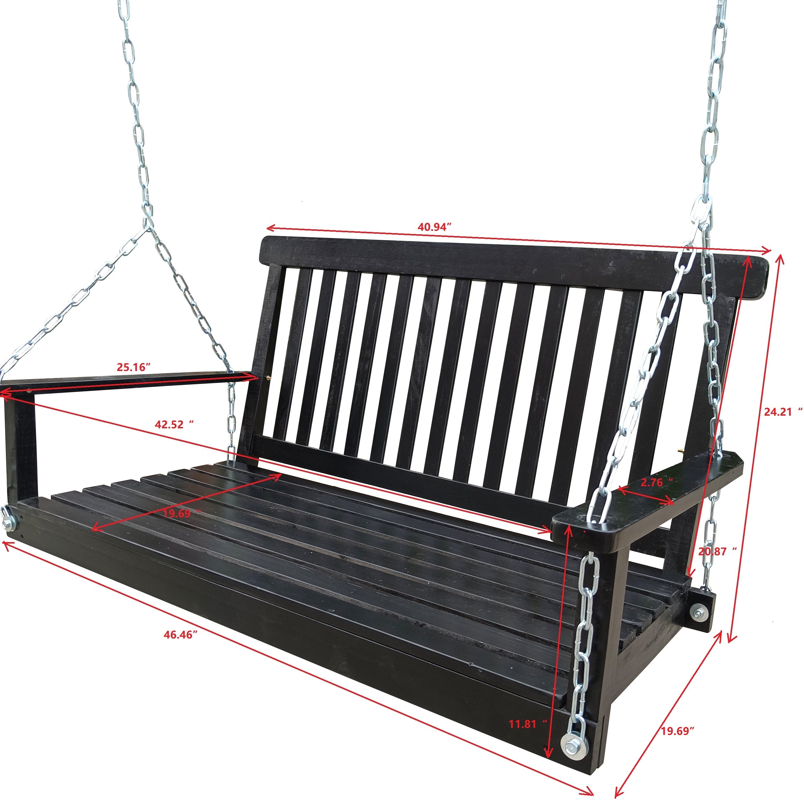 Front Porch Swing with Armrests, Wood Bench Swing with Hanging Chains,for Outdoor Patio ,Garden Yard, porch, backyard,  or sunroom,Easy to Assemble,black