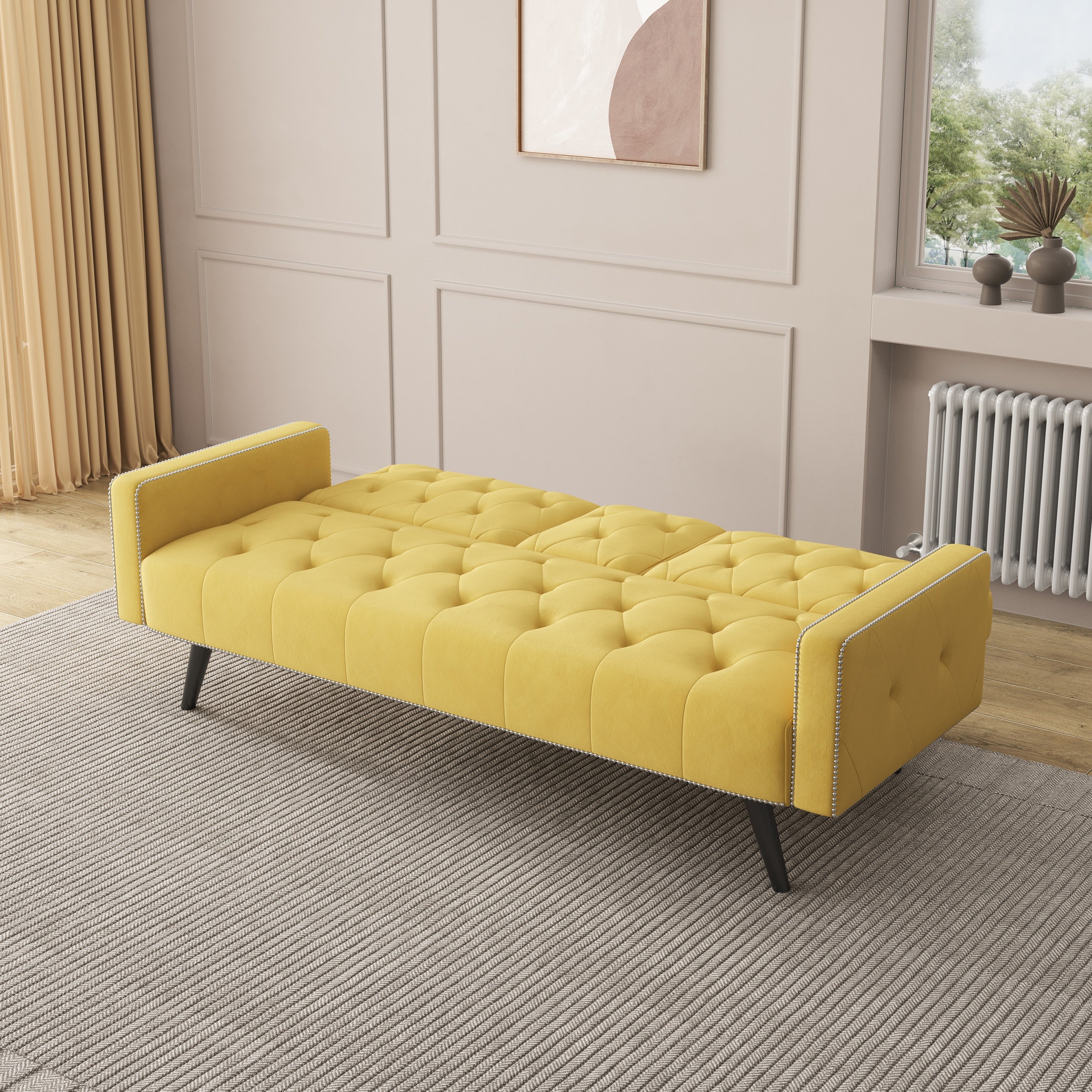 72" Yellow Velvet Sofa Bed with Nail Head Trim & Two Cup Holders Sleeper Sofa for Small Living Room