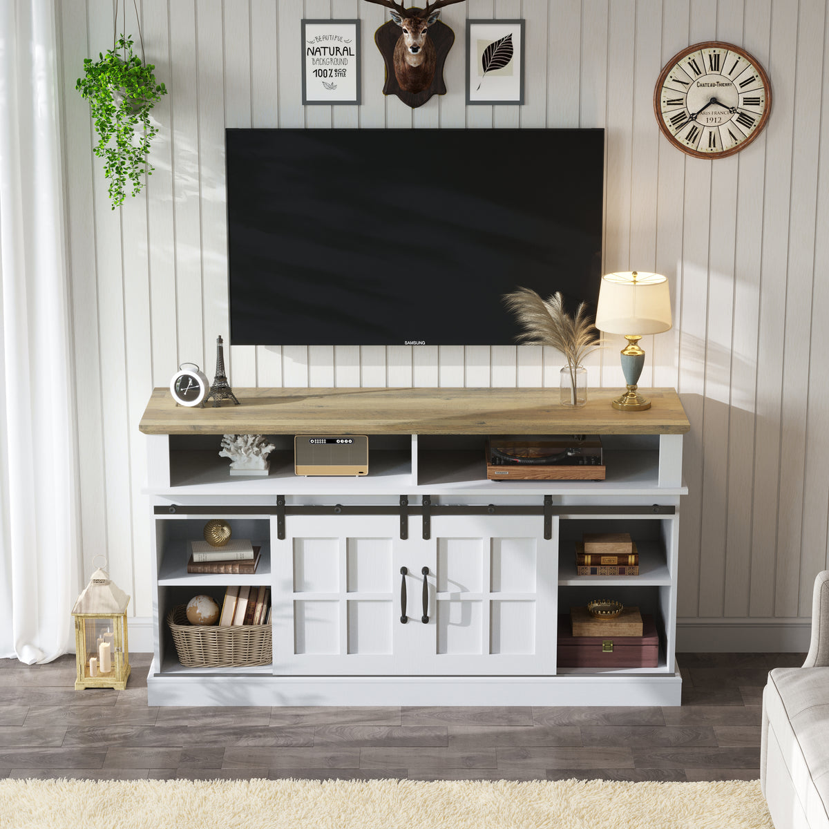 58 Inch TV Stand with Storage Cabinet and Shelves, TV Console Table Entertainment Center for Living Room,Bedroom