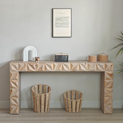 Modern Geometric Wooden Console Table – Natural Wood Finish with Handcrafted 3D Design