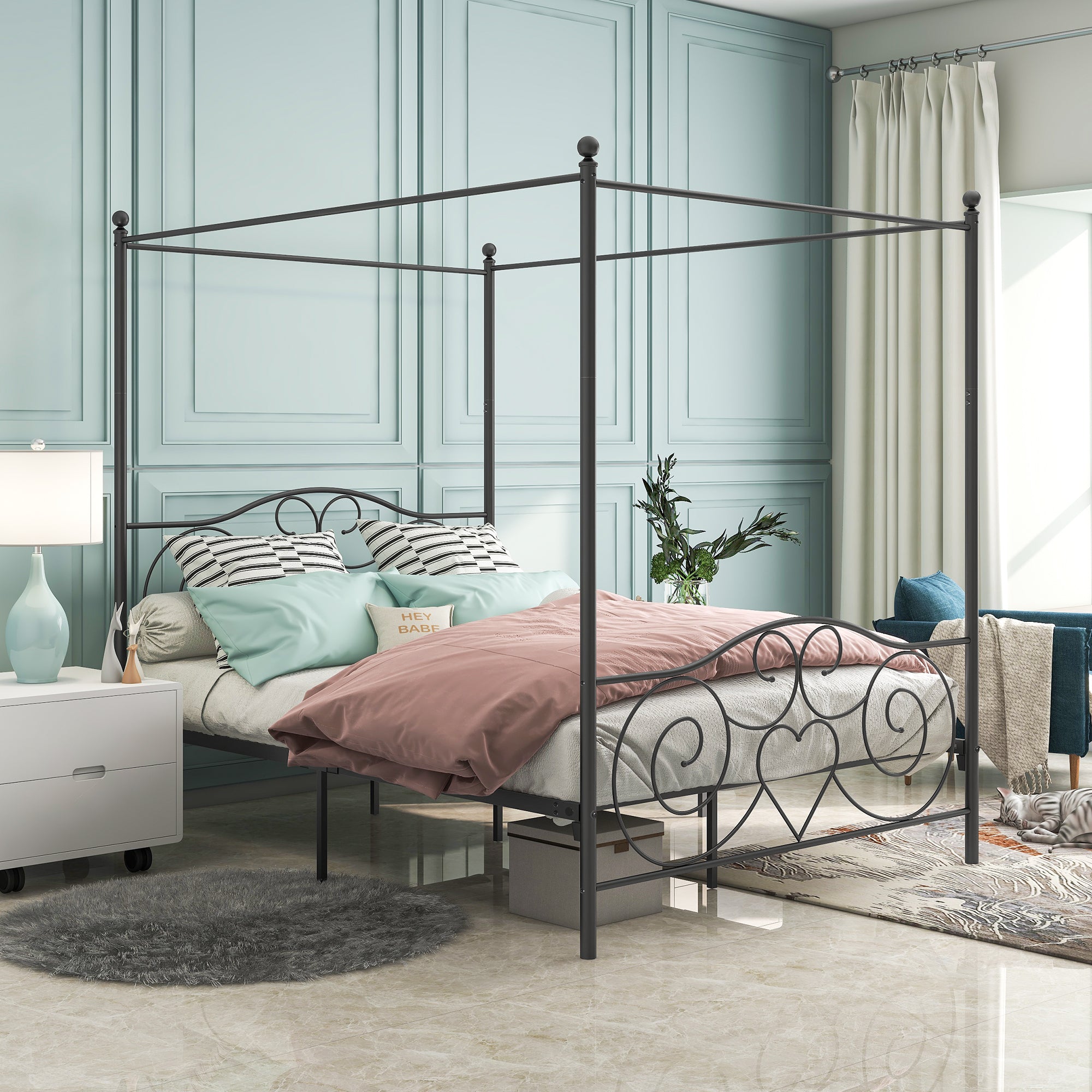 Metal Canopy Bed Frame with Vintage Headboard & Footboard - Queen, Black