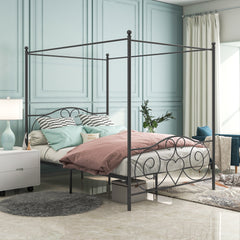 Metal Canopy Bed Frame with Vintage Headboard & Footboard - Queen, Black