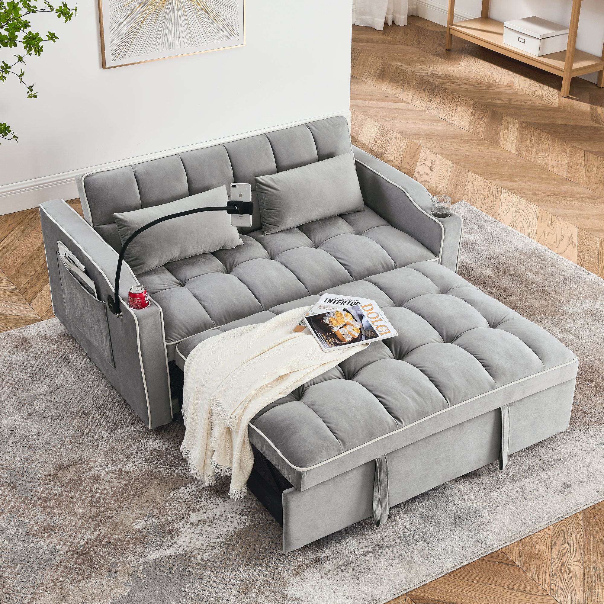 55.51" Foldable Velvet Sofa Bed with Adjustable Back, Pull-Out Design with USB Port, Ashtray, and Swivel Phone Stand, Gray