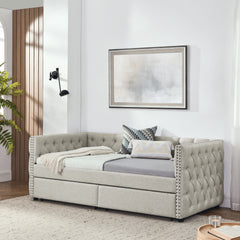 Upholstered Twin Size Daybed with Two Drawers, with Button and Copper Nail on Square Arms, Beige (82.75''x43''x30.75'')