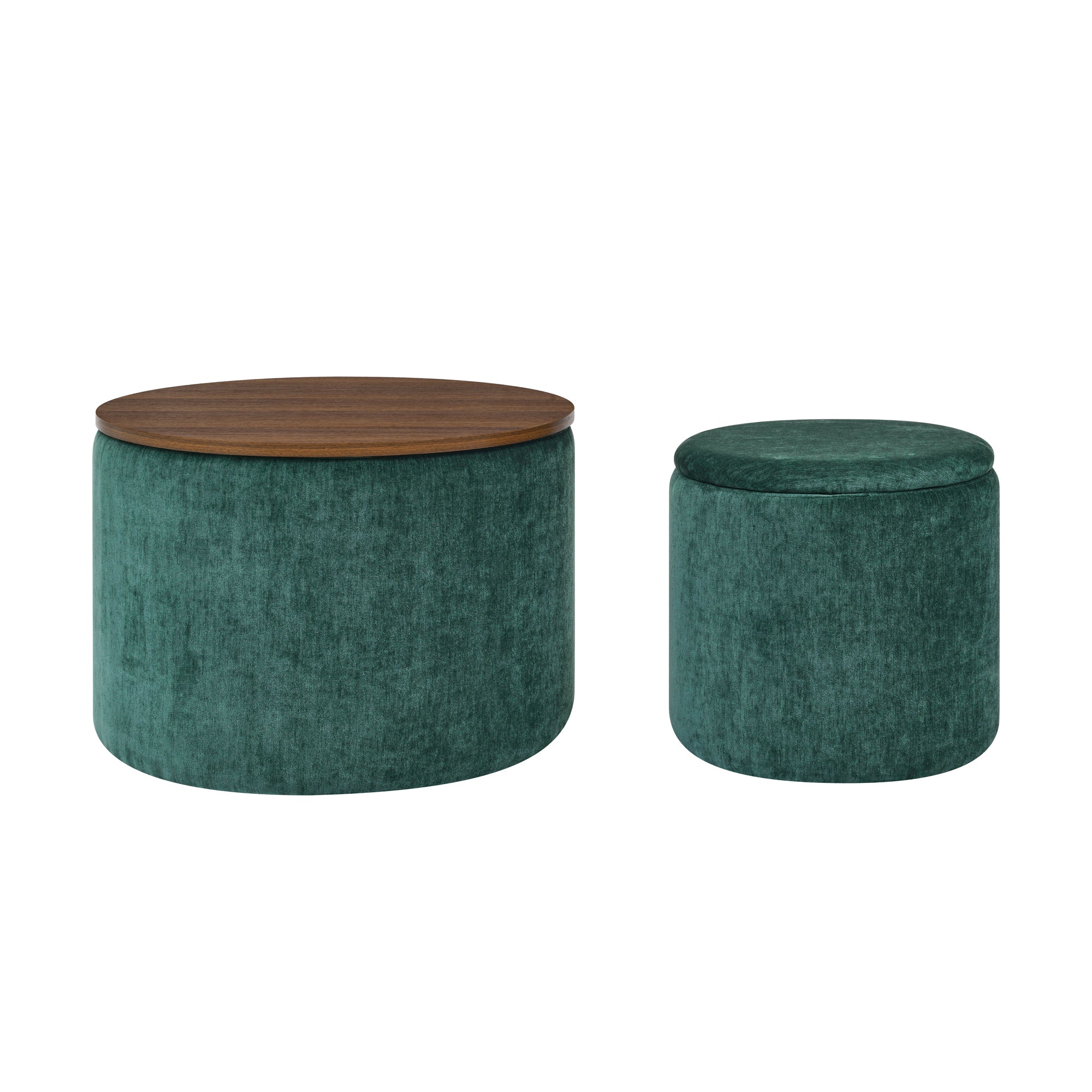 2-Piece Set Round Chenille Storage Ottoman, Equipped with a Drum Shaped Small Stool, Storage Space, and MDF Made Desktop Panel (Dark Green23.62"x23.62"x16.53")