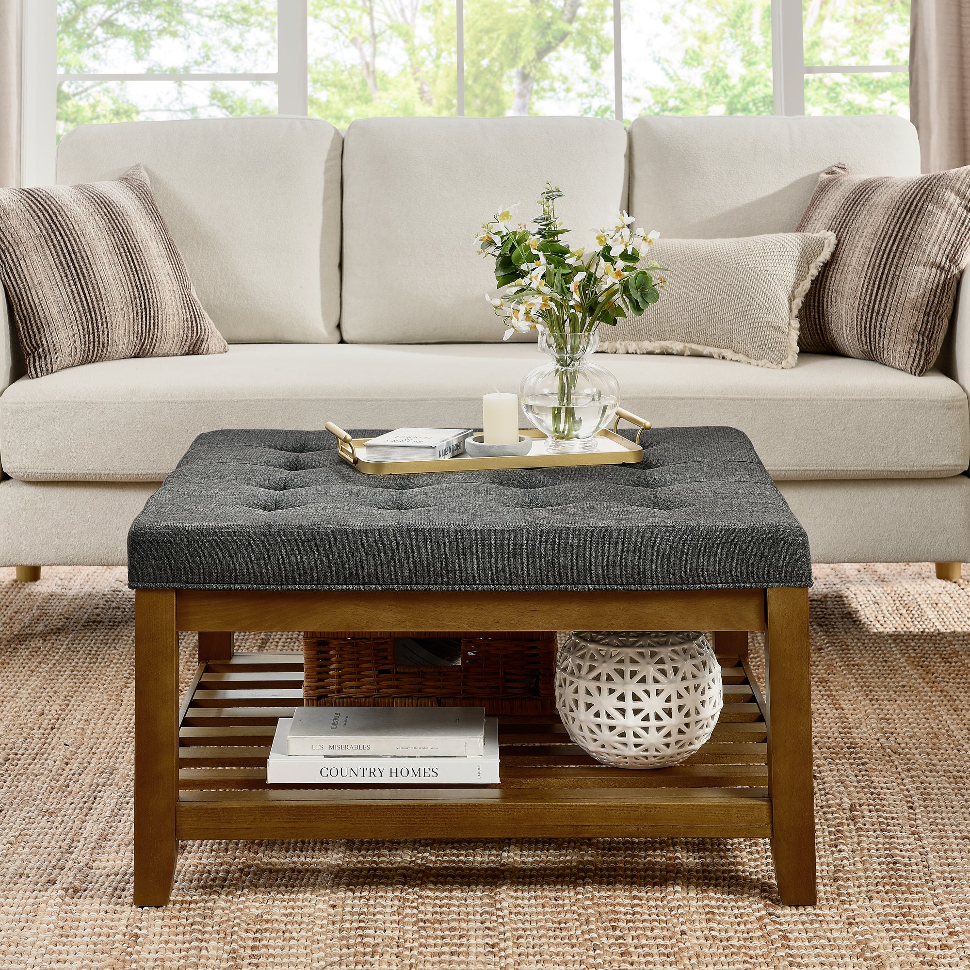 Tufted Upholstered Square Coffee Table Ottoman with Beech Wood Shelf, Oversized Footrest for Living Room, Dark Gray