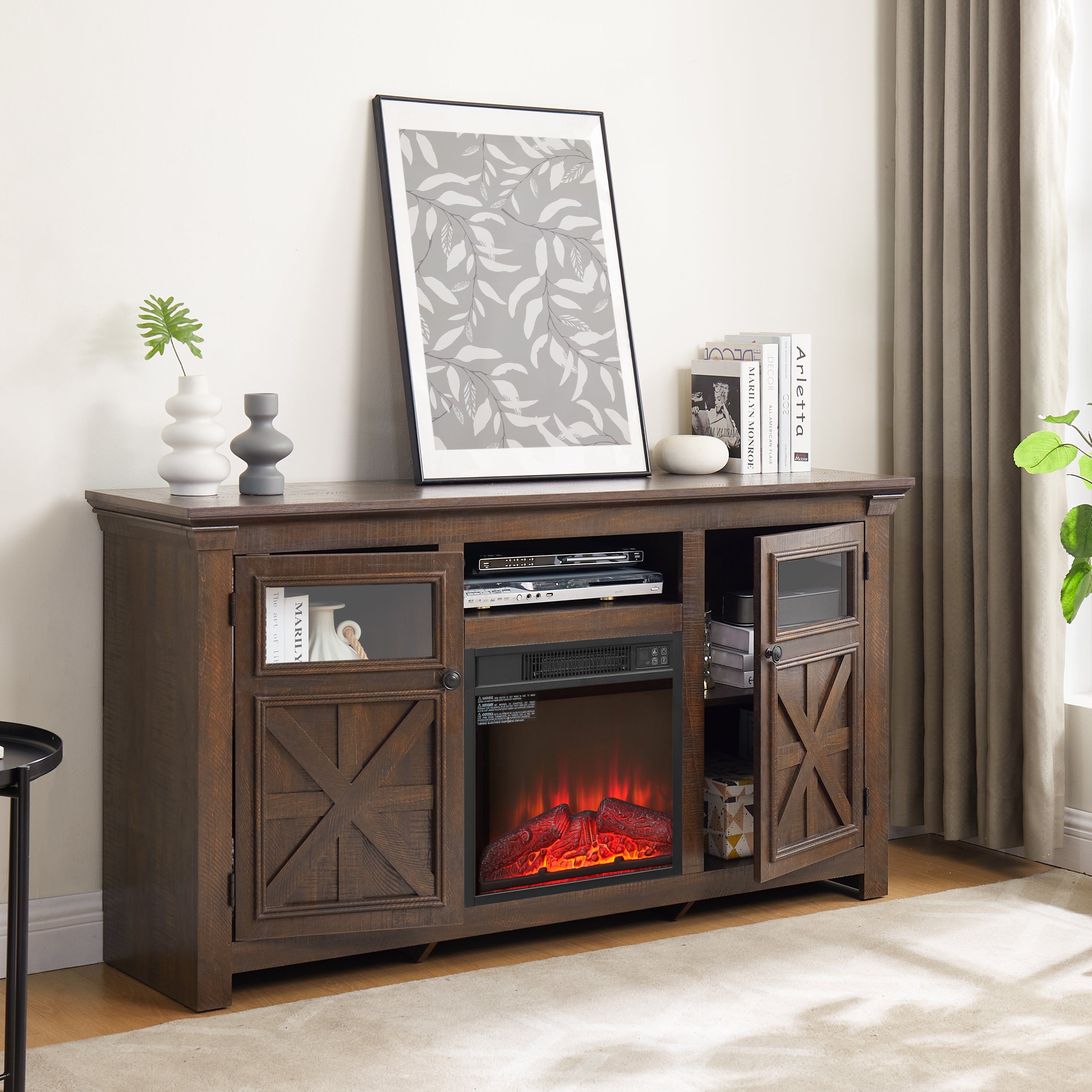 Farmhouse TV Stand with 2 Doors, Barn Design, Large Media Console with 18" Electric Fireplace Insert, Dark Brown