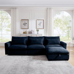 Corduroy Sectional Sofa,  L Shaped Couch with Storage Footstool and 3 Pillow, Sectional Couch for Living Room Apartment, Bule