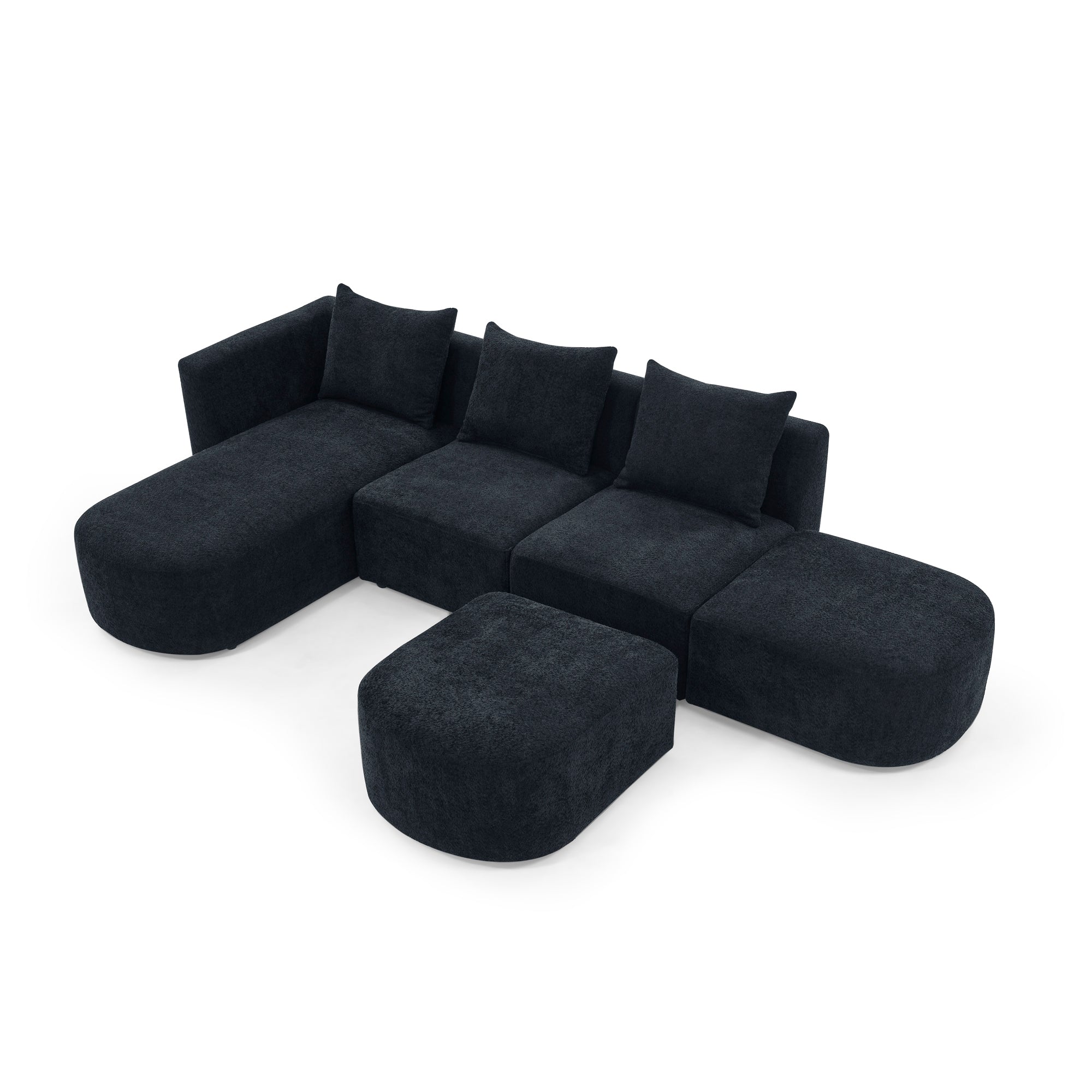 L Shape Sectional Sofa including Two Single Seats, Left Side Chaise and Two Ottomans, Modular Sofa, DIY Combination, Loop Yarn Fabric, Black