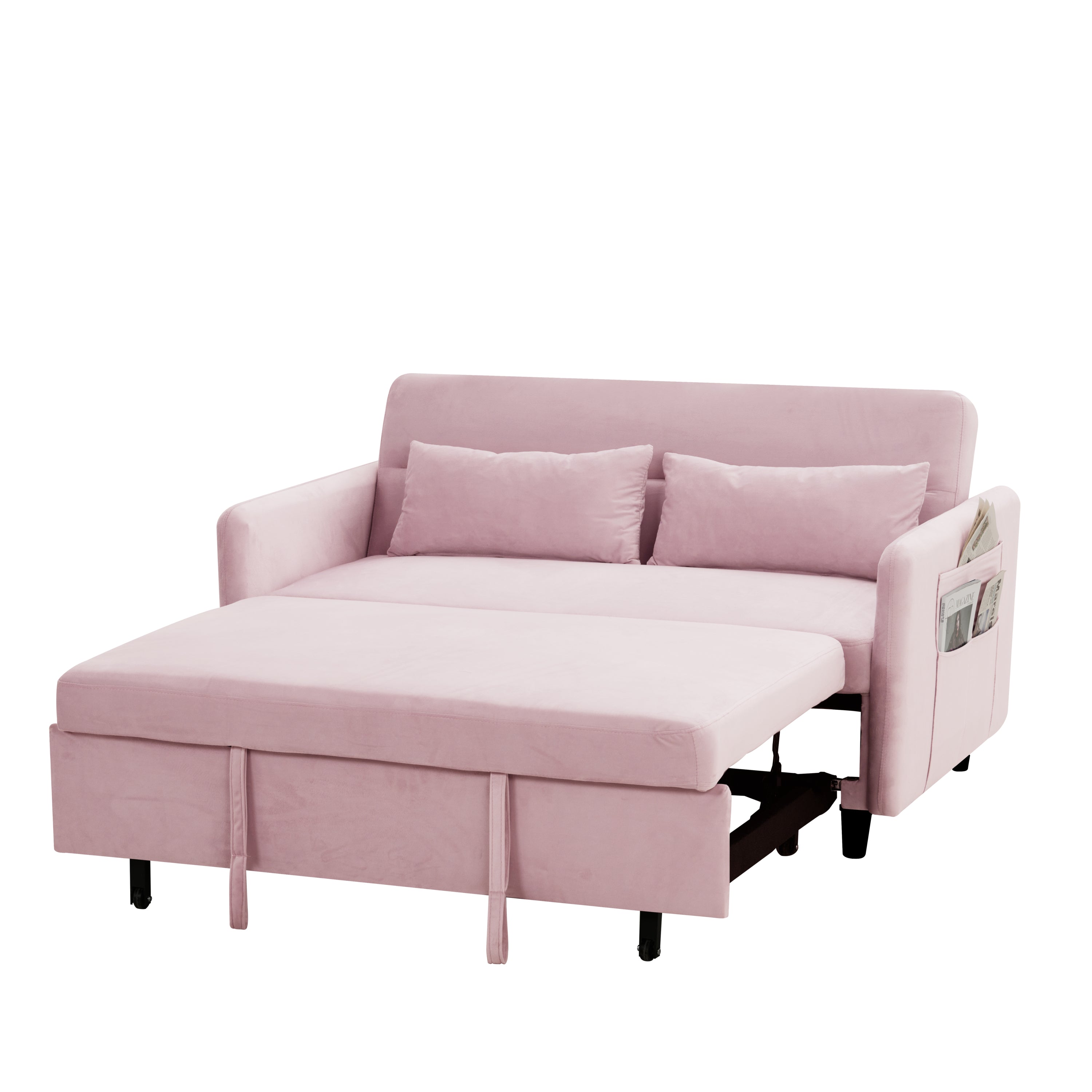 54" Pull-Out Sofa With Two Pillows Pink Velvet Loveseat For Small Living Room