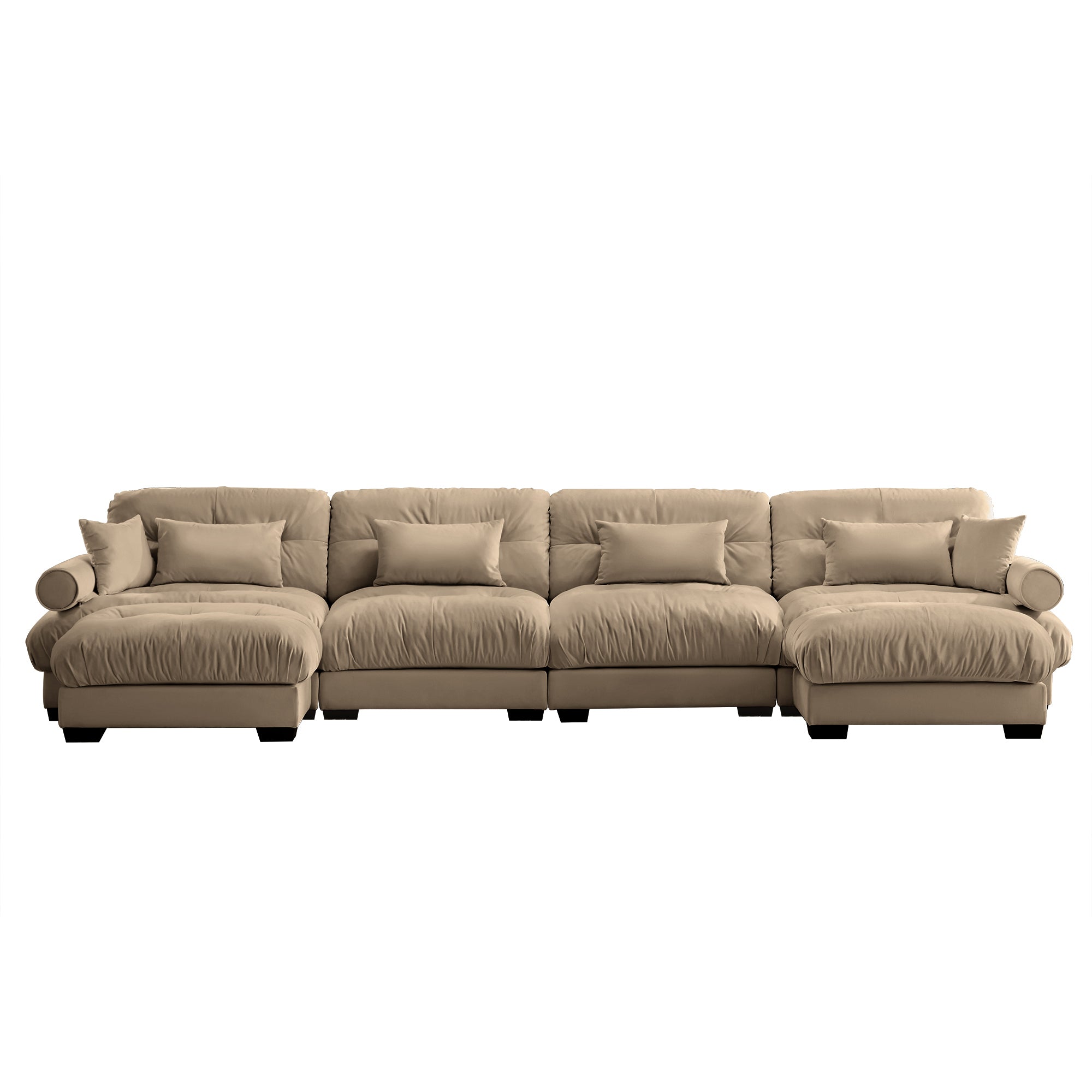 U-Shaped Velvet Sectional Cloud Couch with Movable Ottomans, Deep 4-Seater with Bolstered Armrests and Pillows, Camel