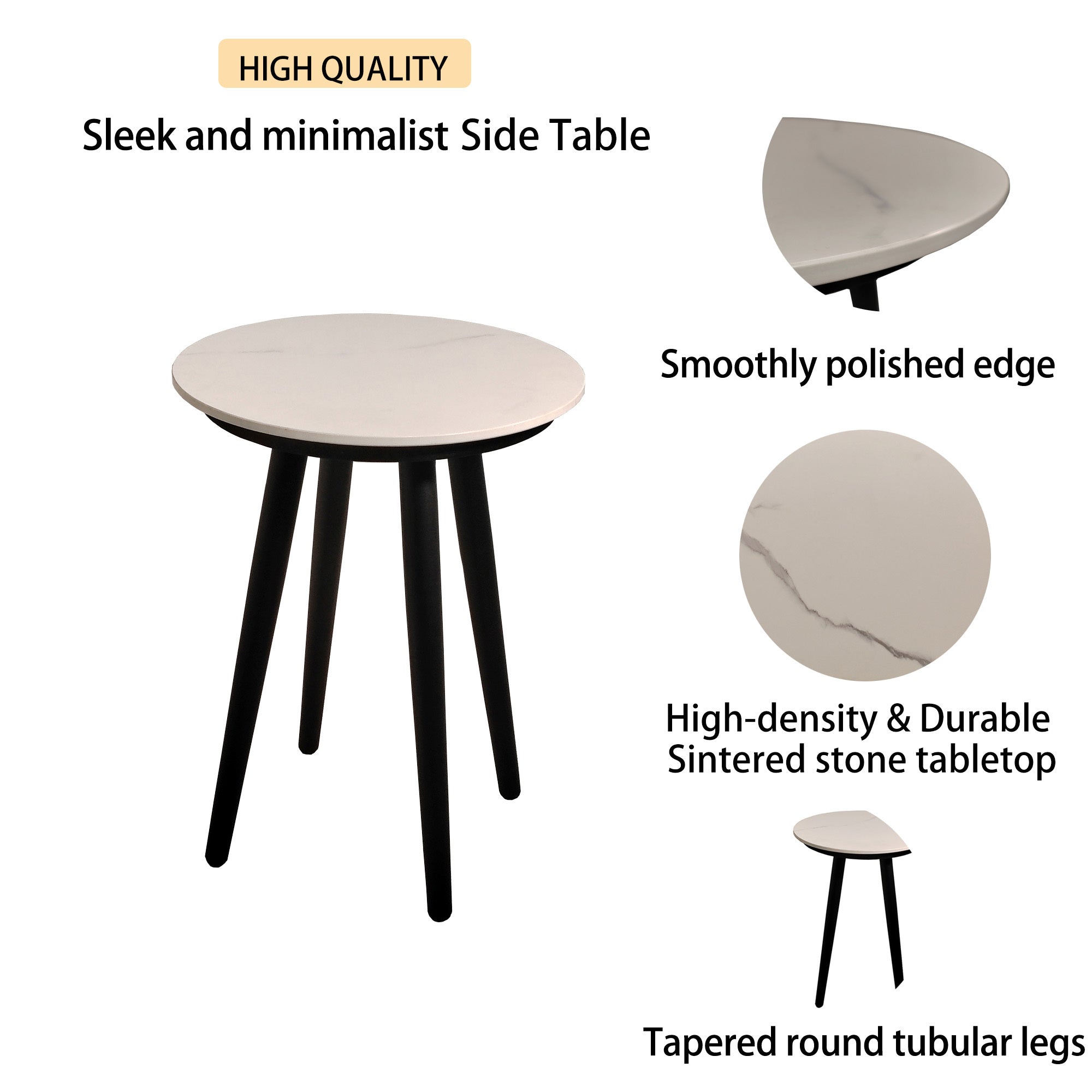 3-Piece Outdoor Porch Aluminum Patio Furniture with Modern Conversation/Chat Set, Sunbrella Cast Silver Cushions, and Round Side Table with White Carrara Marble-Look Sintered Stone Top  - Ember Black