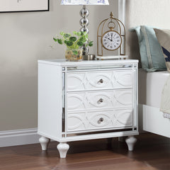 Contemporary Nightstands with mirror frame accents, Bedside Table with two drawers and one hidden drawer, End Table with Crystal Pull for Living Room,Bedroom, White