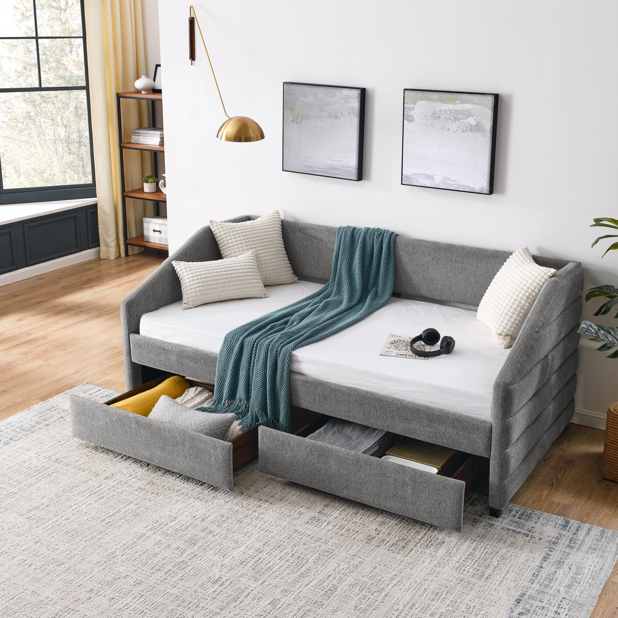 Twin Size Daybed with Two Drawers Trundle Upholstered Tufted Sofa Bed, Linen Fabric, Grey (82.5"x42.5"x34")