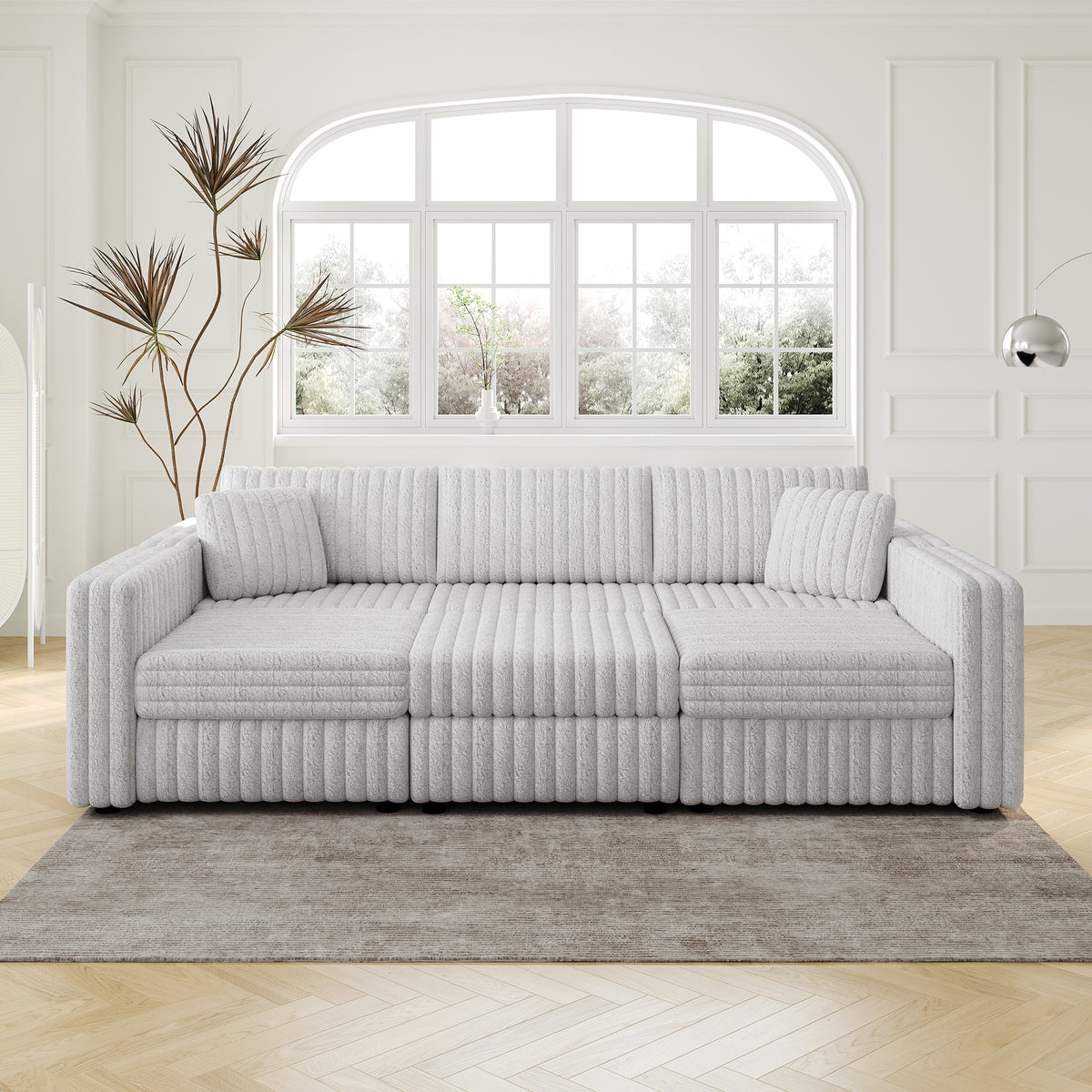 106.3" Soft Rabbit Plush U-shaped 6-Person Sofa. Matches 30.7" Ottoman with Hydraulic Lift. Comfortable & Stylish. For Bedroom & Living Room. Light Gray. Modern Furniture. Modular Design.