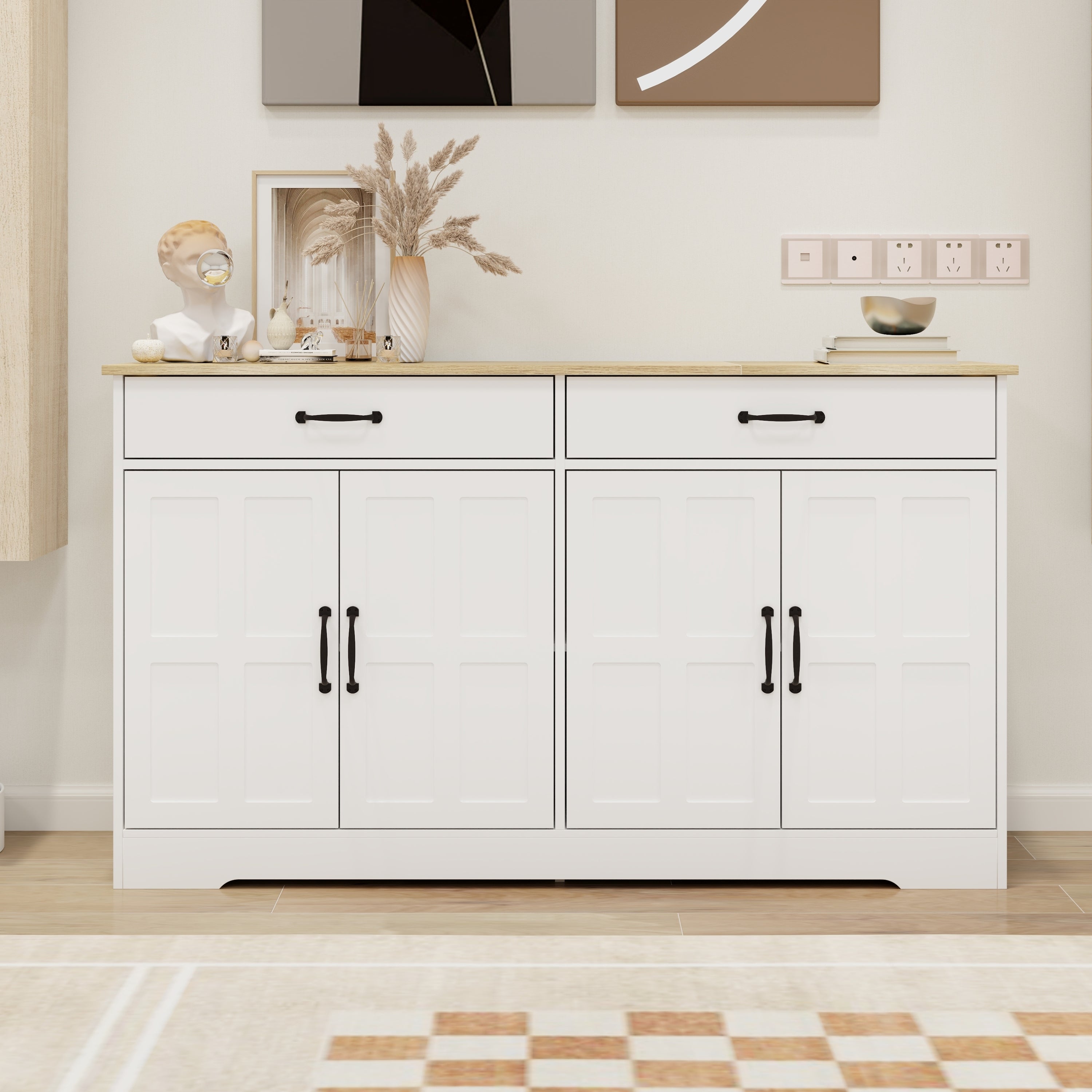 55.91" Large Farmhouse Buffet Cabinet Storage Sideboard with 2 Drawers and 4 Doors for Dining Living Room Kitchen Cupboard-White