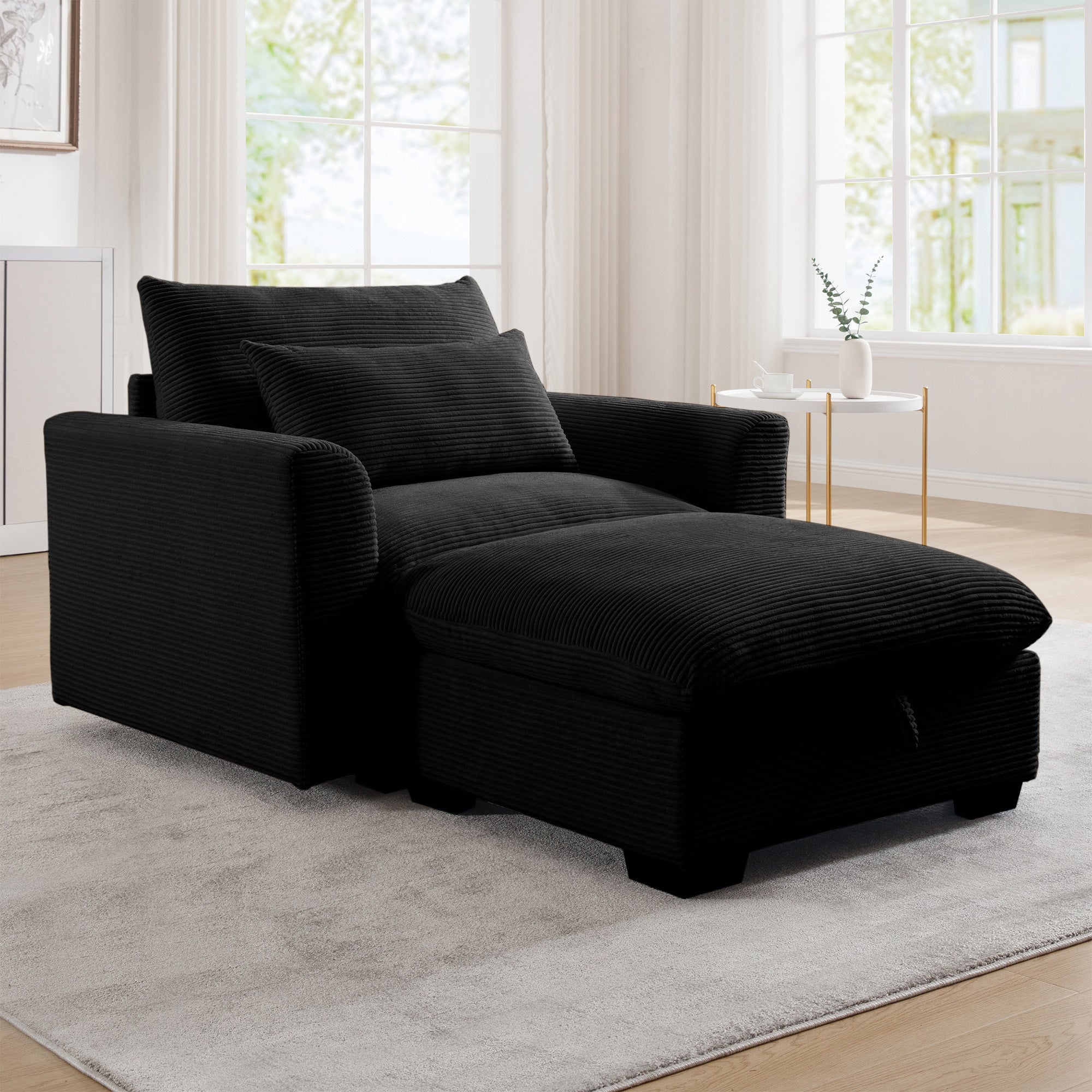 Black Corduroy Sofa Couch, Modular Couch with Storage Ottoman,  Couch Deep Seat Couches for Modern Living Room/Apartment/Office