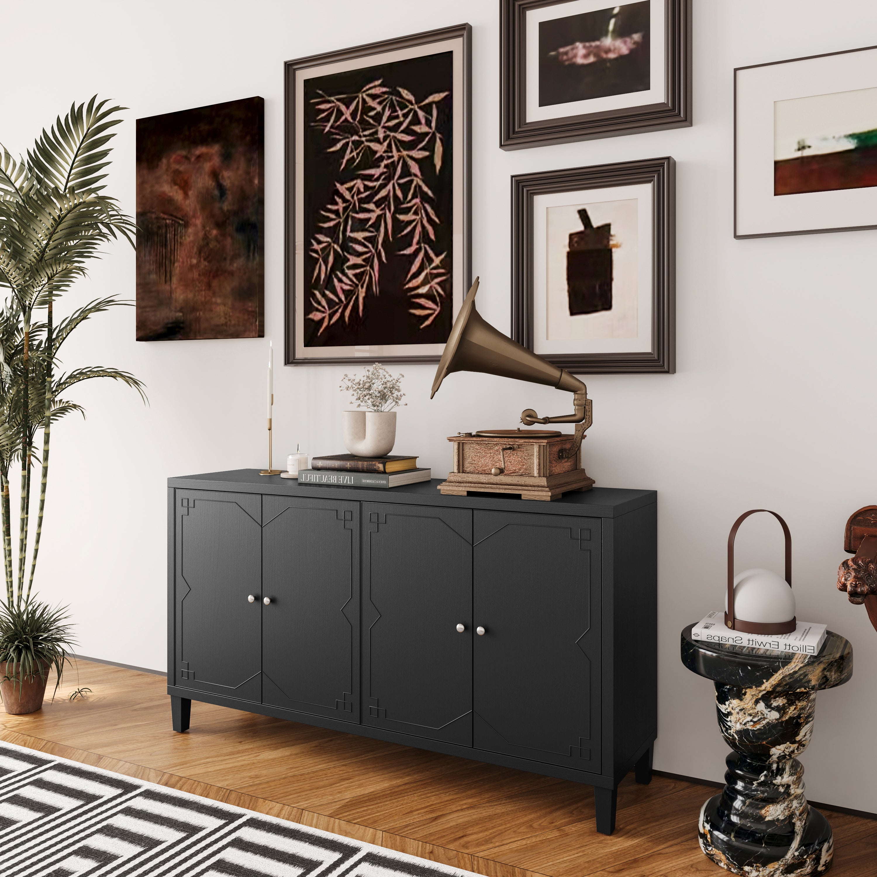 Accent Cabinet 4 Door Wooden Cabinet Sideboard Buffet Server Cabinet Storage Cabinet, for Living Room, Entryway, Hallway, Office, Kitchen and Dining Room, Matte Black