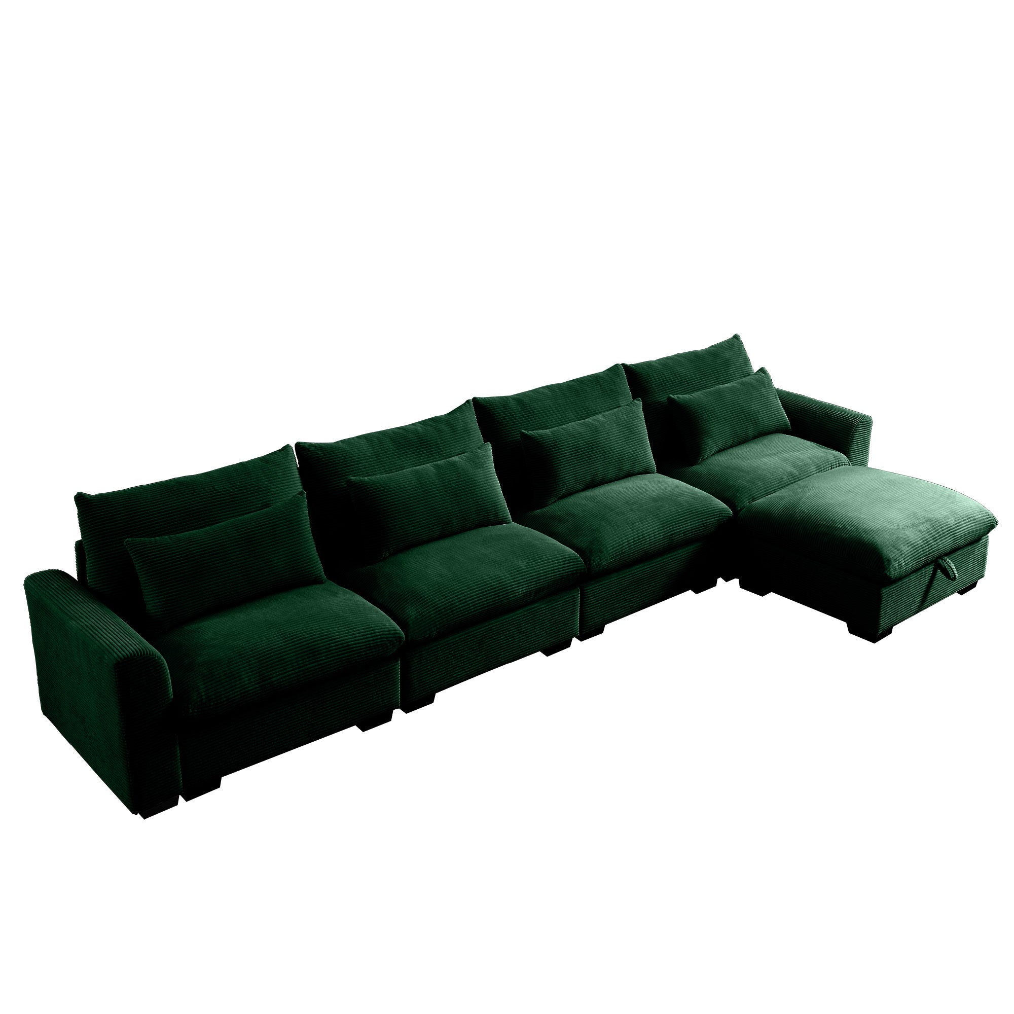 Large L Shape Sectional Corduroy Sofa,Deep Seat Couch with Storage Footstool and 4 Waist Pillows, Green