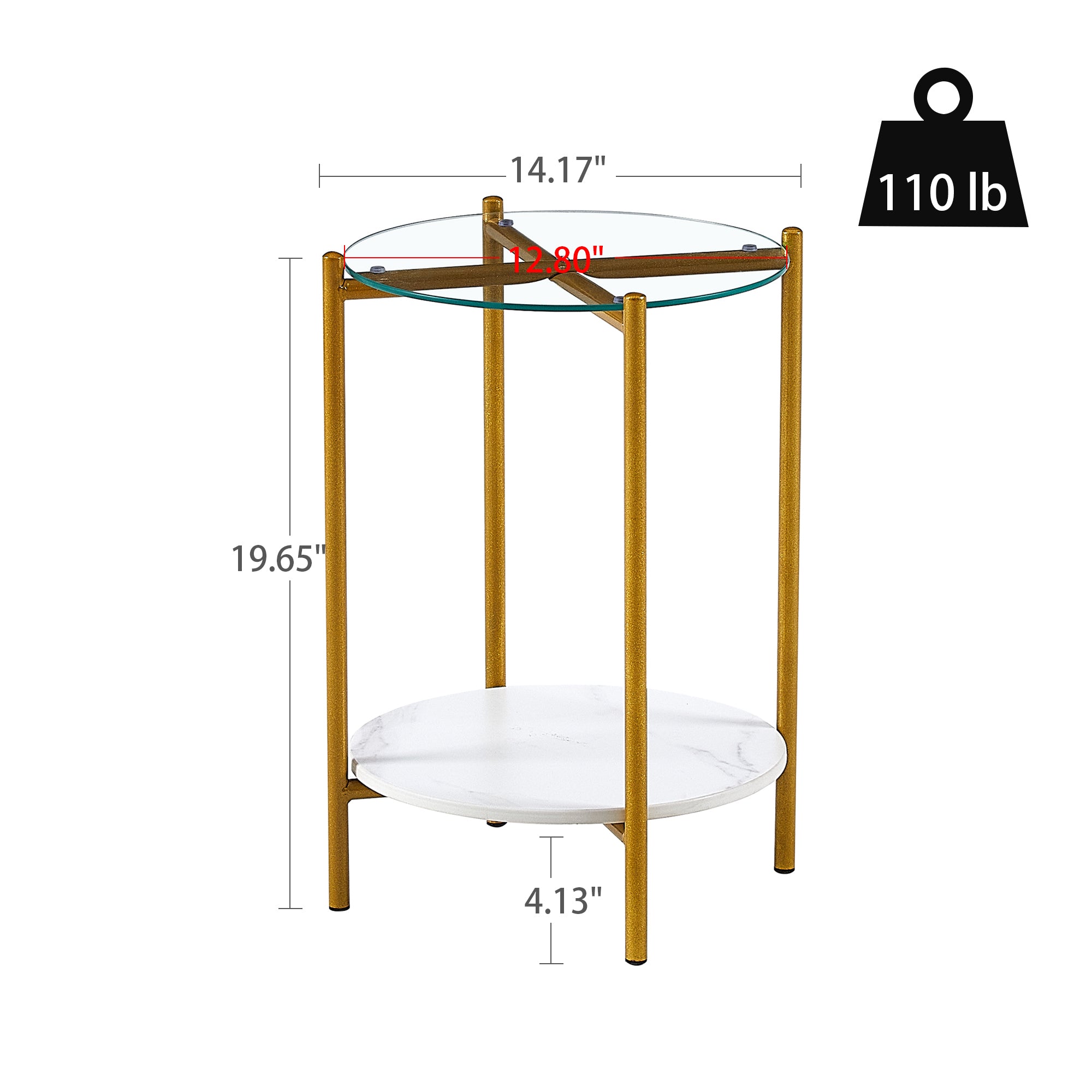 2-layer End Table with Tempered Glass and  Marble Tabletop, Round Coffee Table with Golden Metal Frame for Bedroom Living Room Office (1 piece)