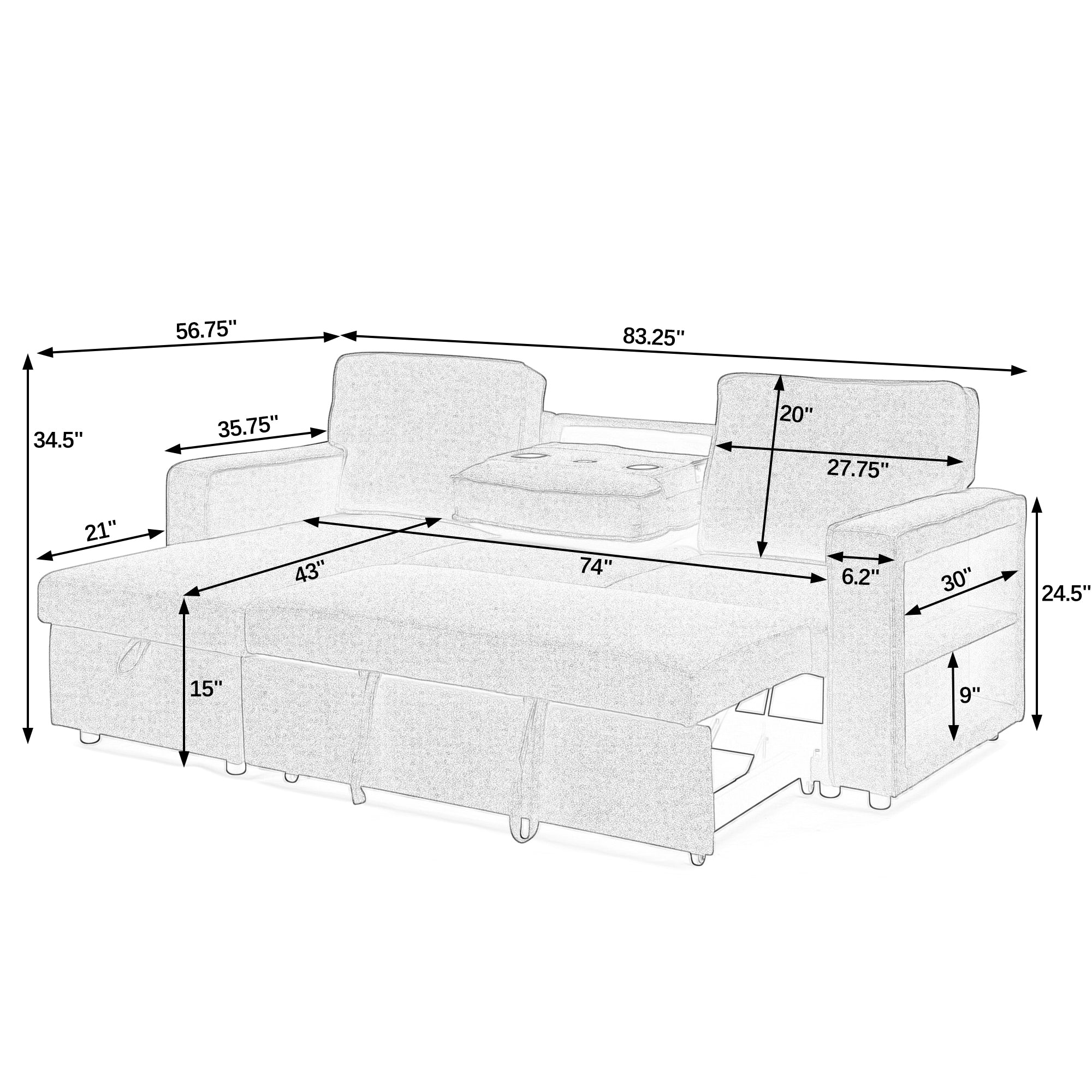 Linen Upholstered Sleeper Sectional Sofa, Shaped Modular Convertible Sofa with Storage Chaise,There are two cup holders in the middle and USB multi-interface function,Pull Out Sleep Couch Bed ,Grey