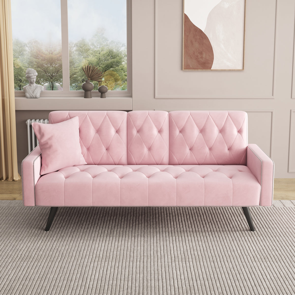 72" Pink Velvet Sofa Bed with Nail Head Trim & Two Cup Holders Sleeper Sofa for Small Living Room