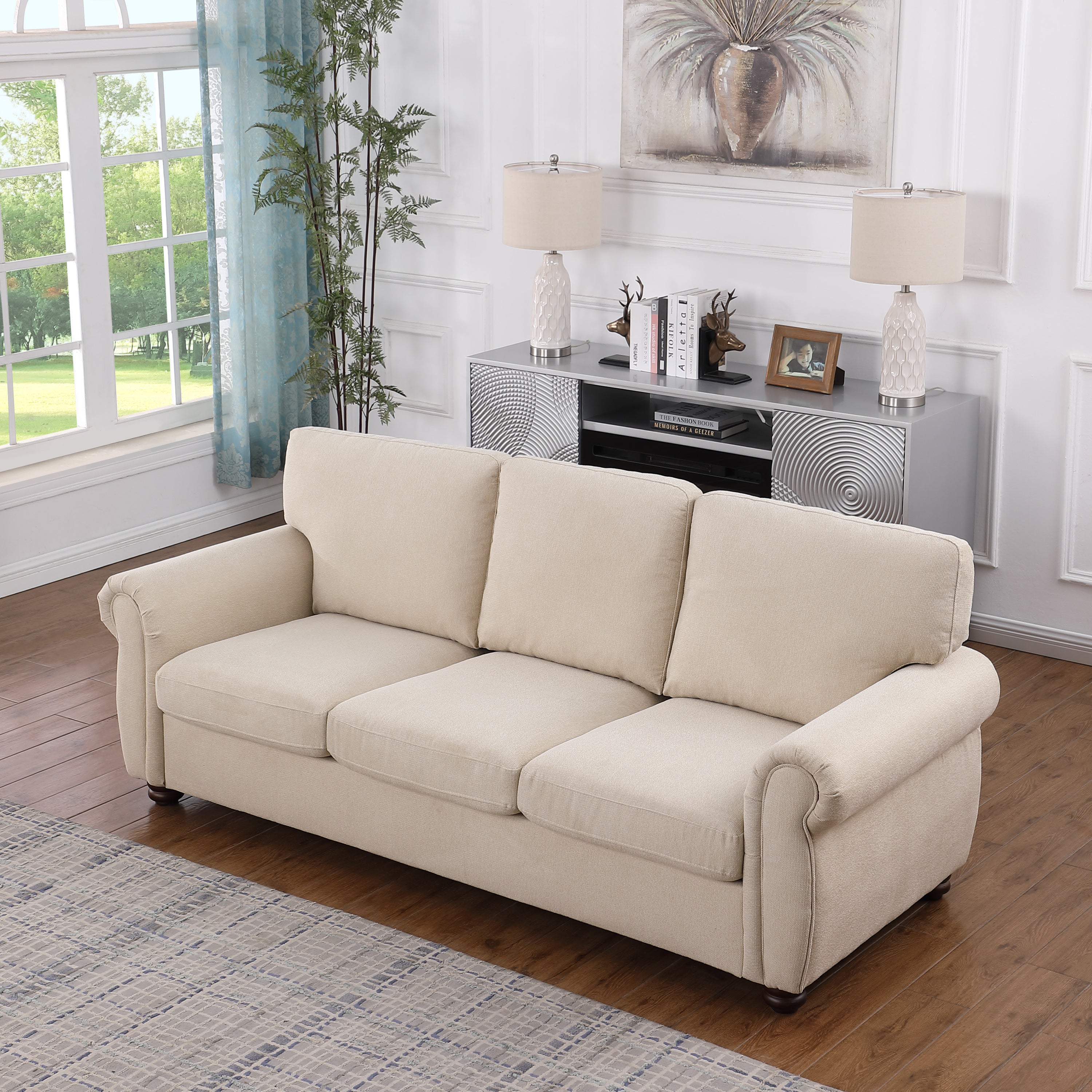 Beige Chenille 3-Seater Sofa