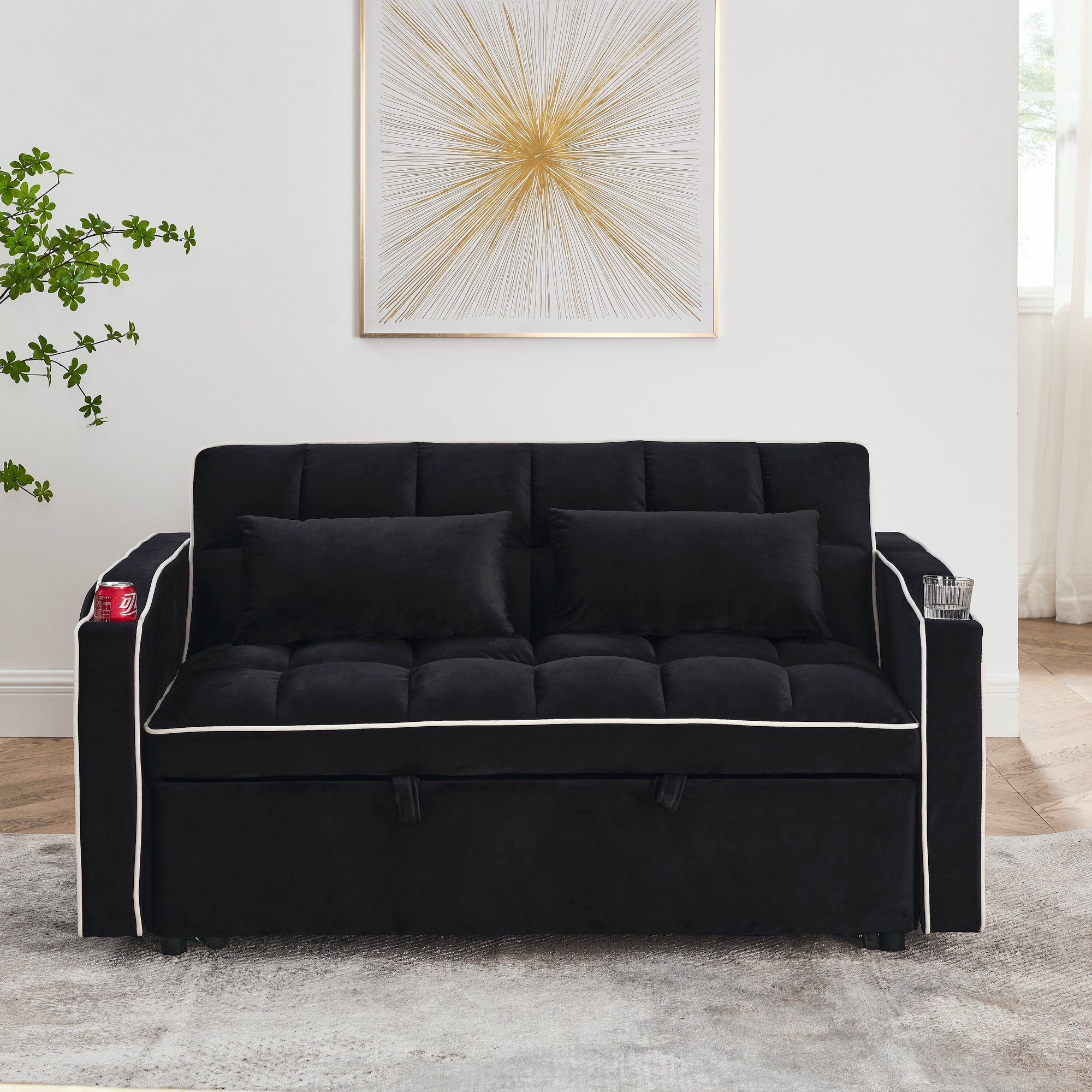 55.51" Foldable Velvet Sofa Bed with Adjustable Back, Pull-Out Design with USB Port, Ashtray, and Swivel Phone Stand, Black