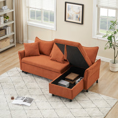 80" Orange Corduroy 3-Seater Sofa Bed With Two Small Pillows - Pull-Out Sofa With Storage For Living Room