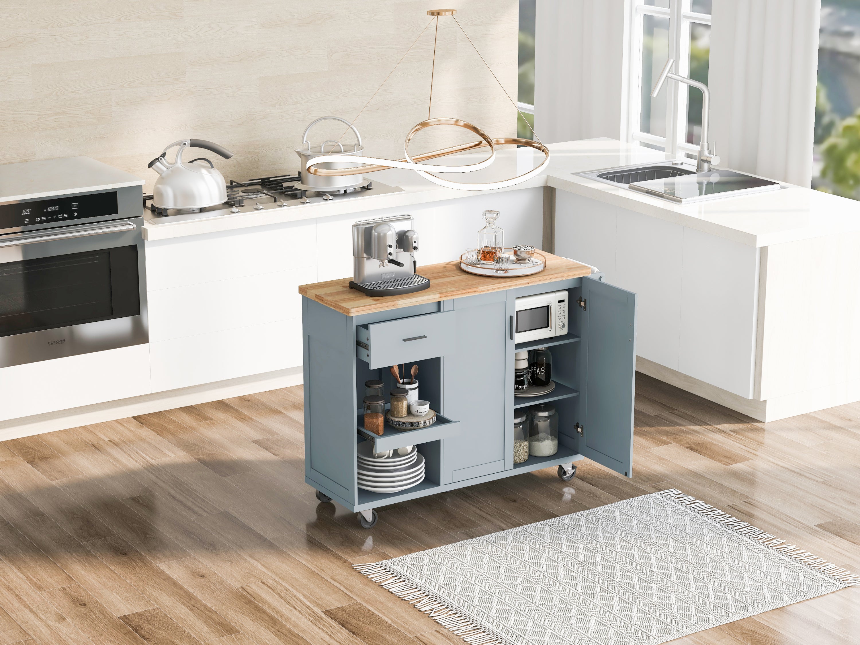 K&K Kitchen Island with Foldable Counter Top for Kitchen, Living Room, Dining Room, Grey Blue