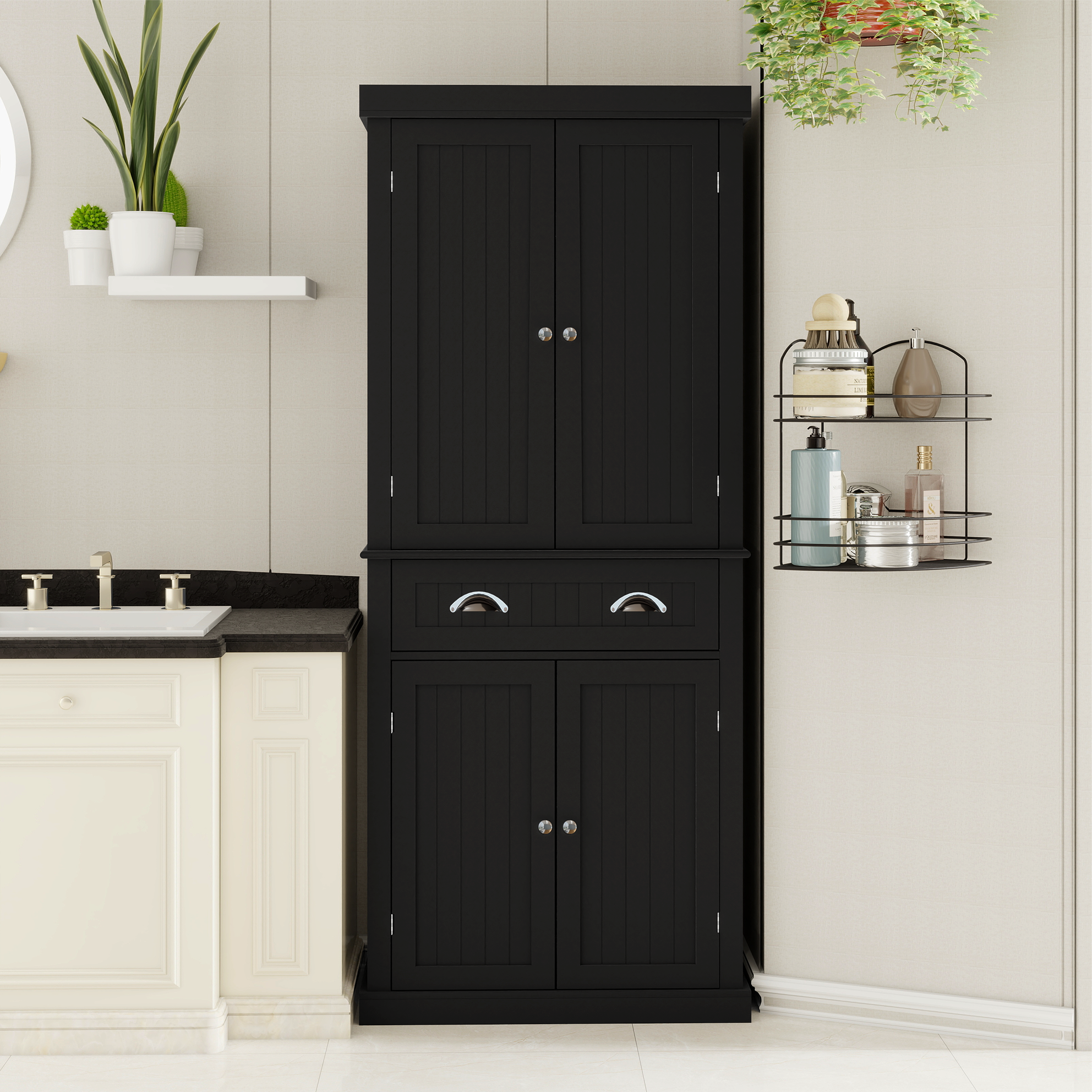 71" Kitchen Pantry Storage Cabinet , with 4 Doors, Drawer, 2 Adjustable Shelves, Freestanding Cupboard for Dining Room Living Room, Laundry-Black