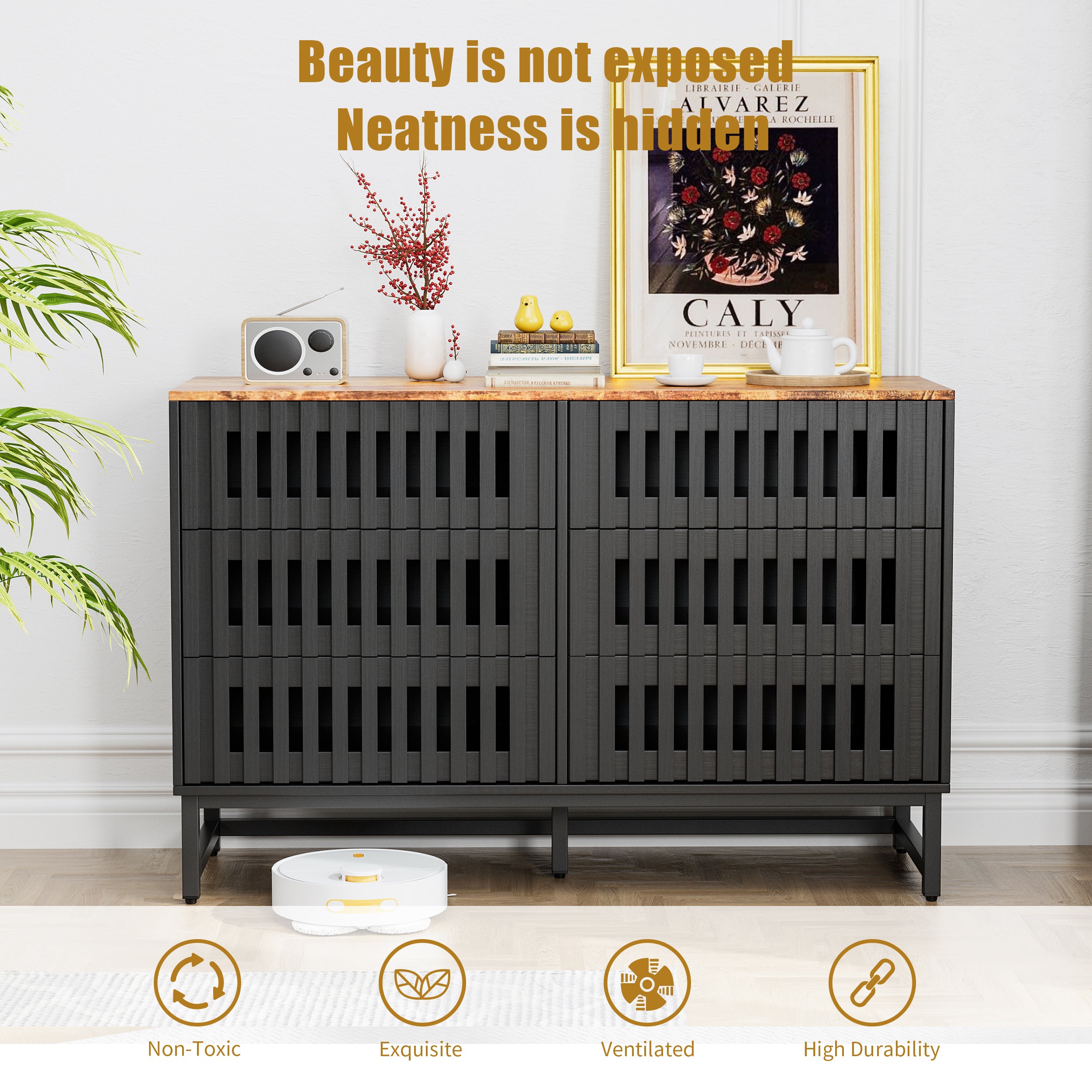 6-Drawer Modern Dresser with Slatted Grille Design and Metal Legs, Durable MDF Construction