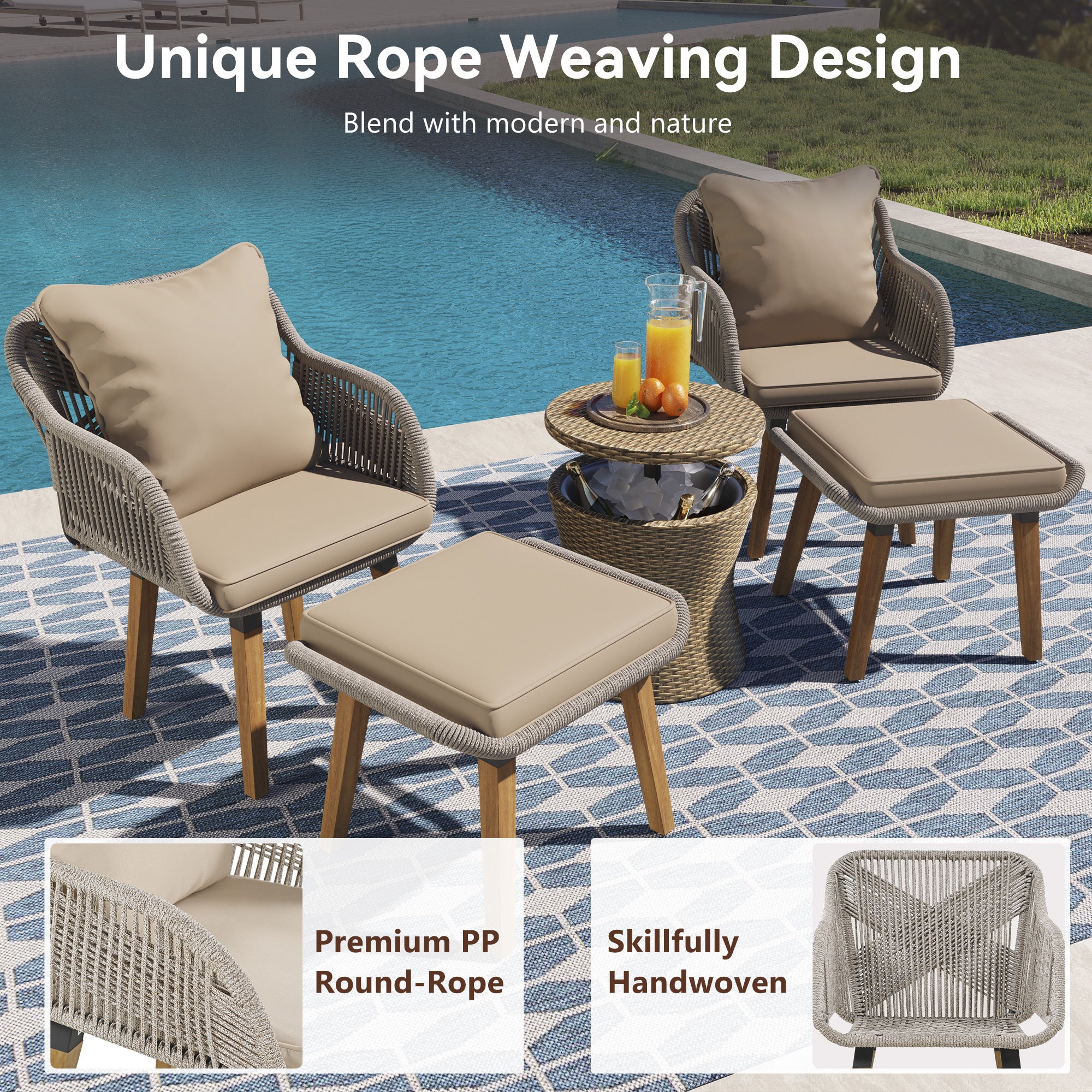 K&K Patio Conversation Set - 5 Pieces Wicker Furniture Chairs Set with a Cool Bar Table - Brown