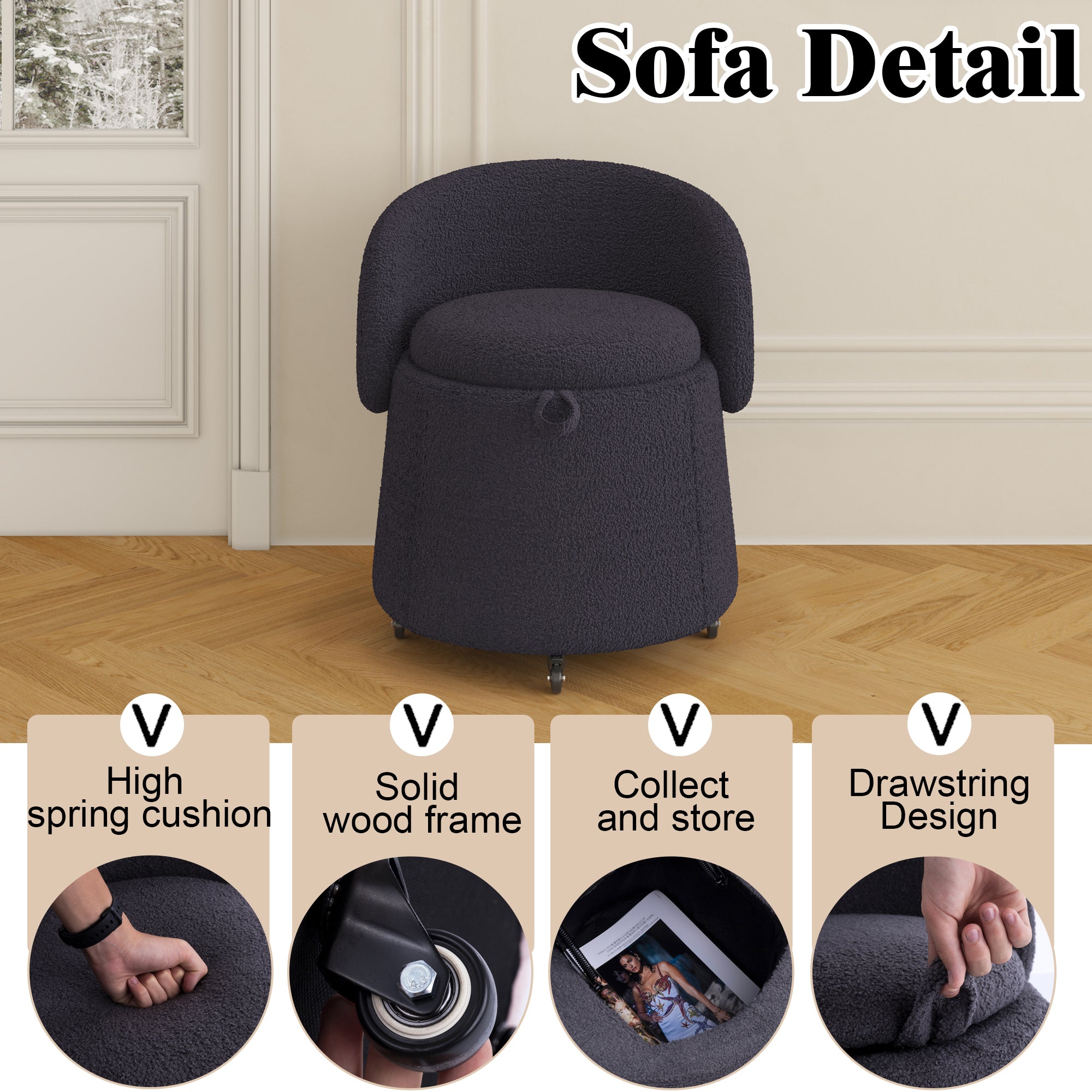 23" Movable Black Storage Chair - Multi-Functional Design in Teddy Fleece for Stylish Bedroom & Living Room