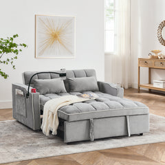 55.51" Foldable Velvet Sofa Bed with Adjustable Back, Pull-Out Design with USB Port, Ashtray, and Swivel Phone Stand, Gray