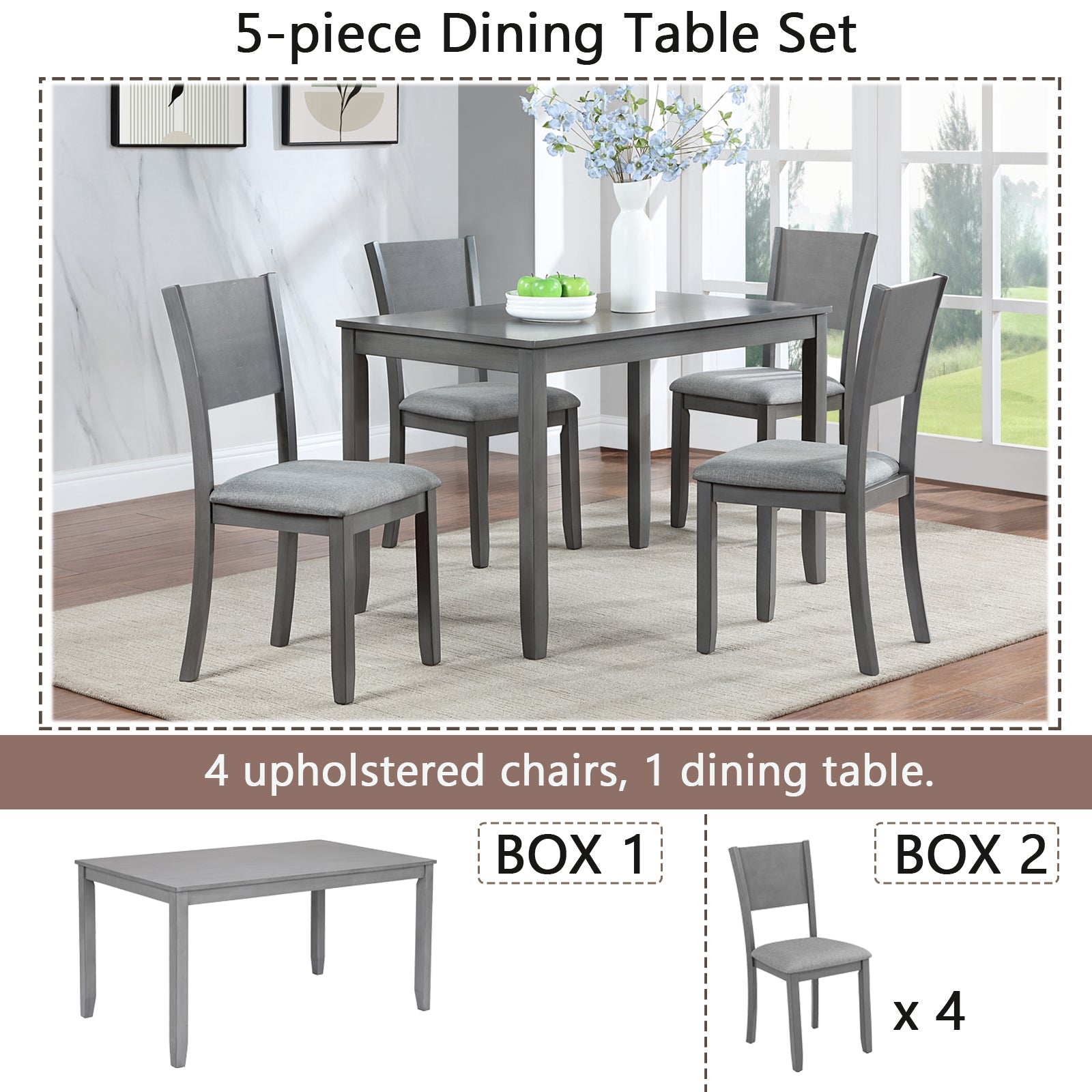 5 Piece Modern Dining Set, Rectangular Wooden Dining Table with 4 Upholstered Chairs for Kitchen, Dining Room, Gray