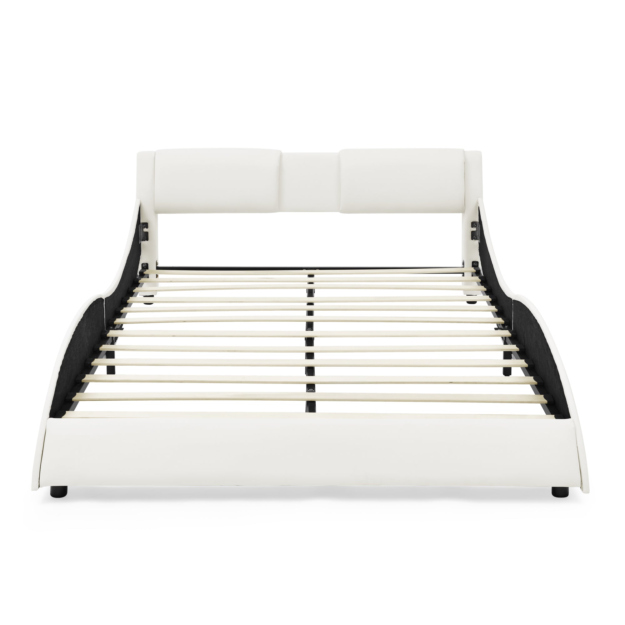 Queen Bed Frame Modern Faux Leather Upholstered Platform Bed Frame with and Headboard Wave Like Curve Low Profile Bed Frame,Wood Slats Support,Easy Assembly,White