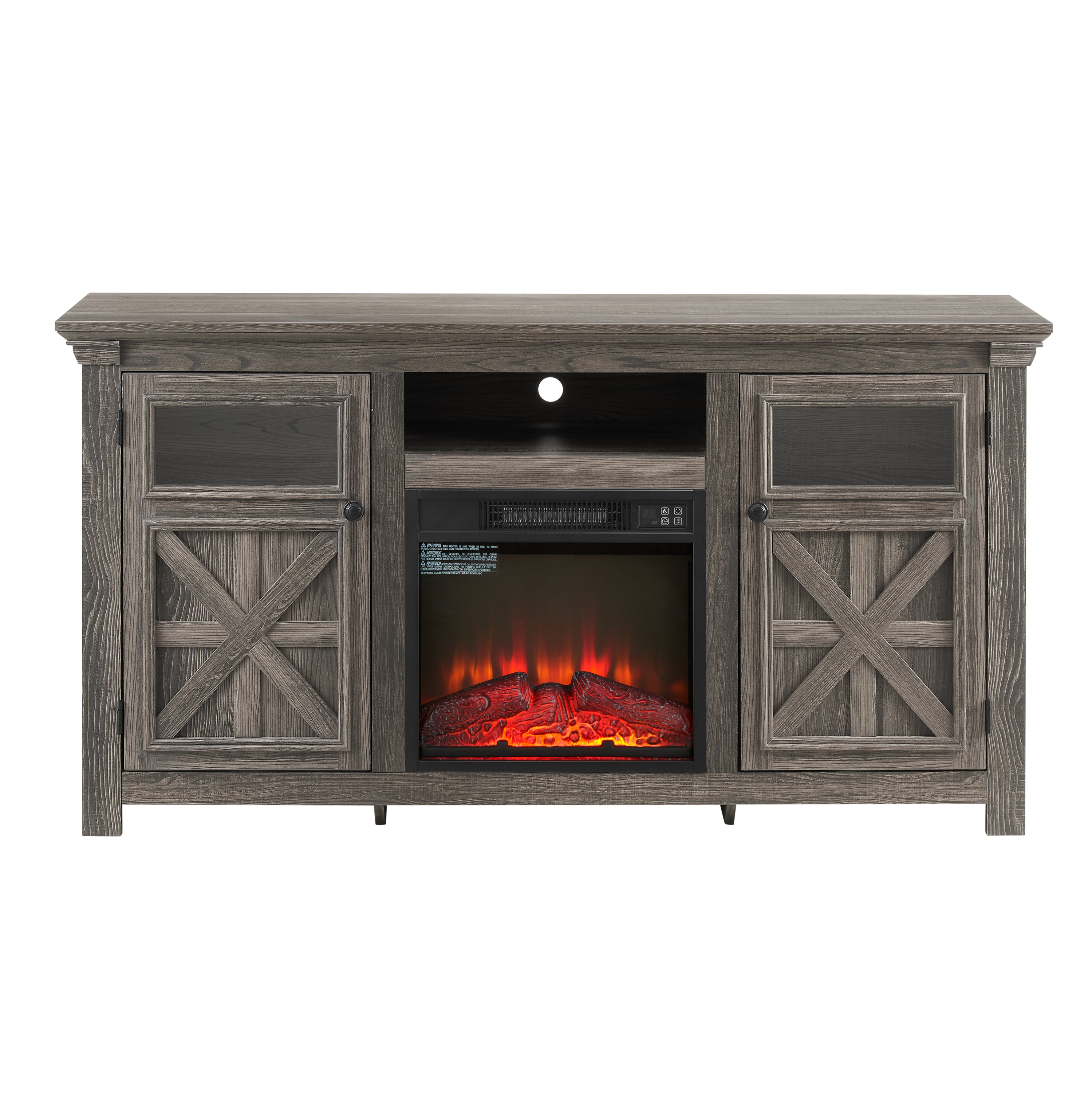 Farmhouse TV Stand with 2 Doors, Barn Design, Large Media Console with 18" Electric Fireplace Insert, GREY