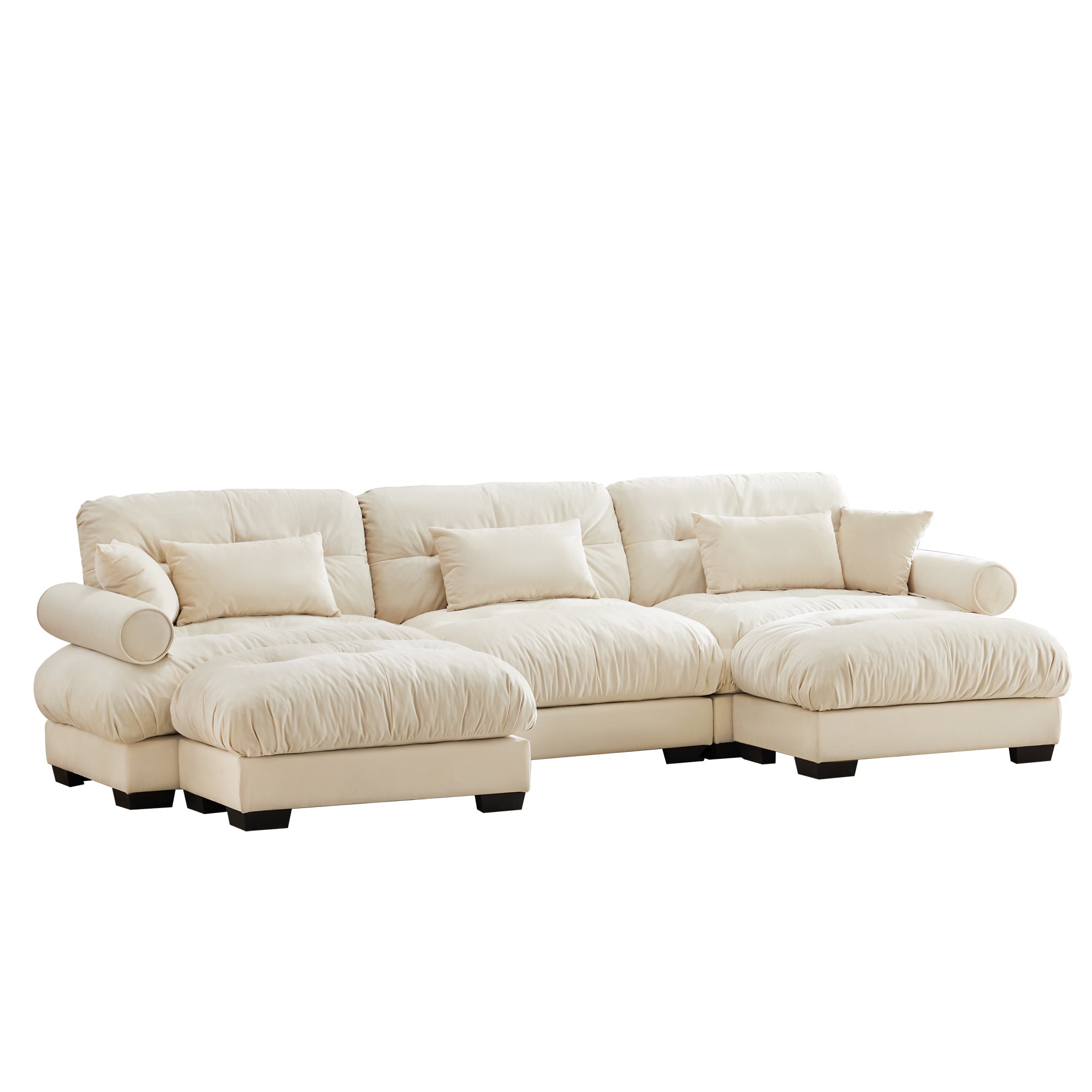 U-Shaped Modular Sectional Sofa with Movable Ottomans, Modern 3-Seater Corner Couch with Pillows and Bolstered Armrests, Cream