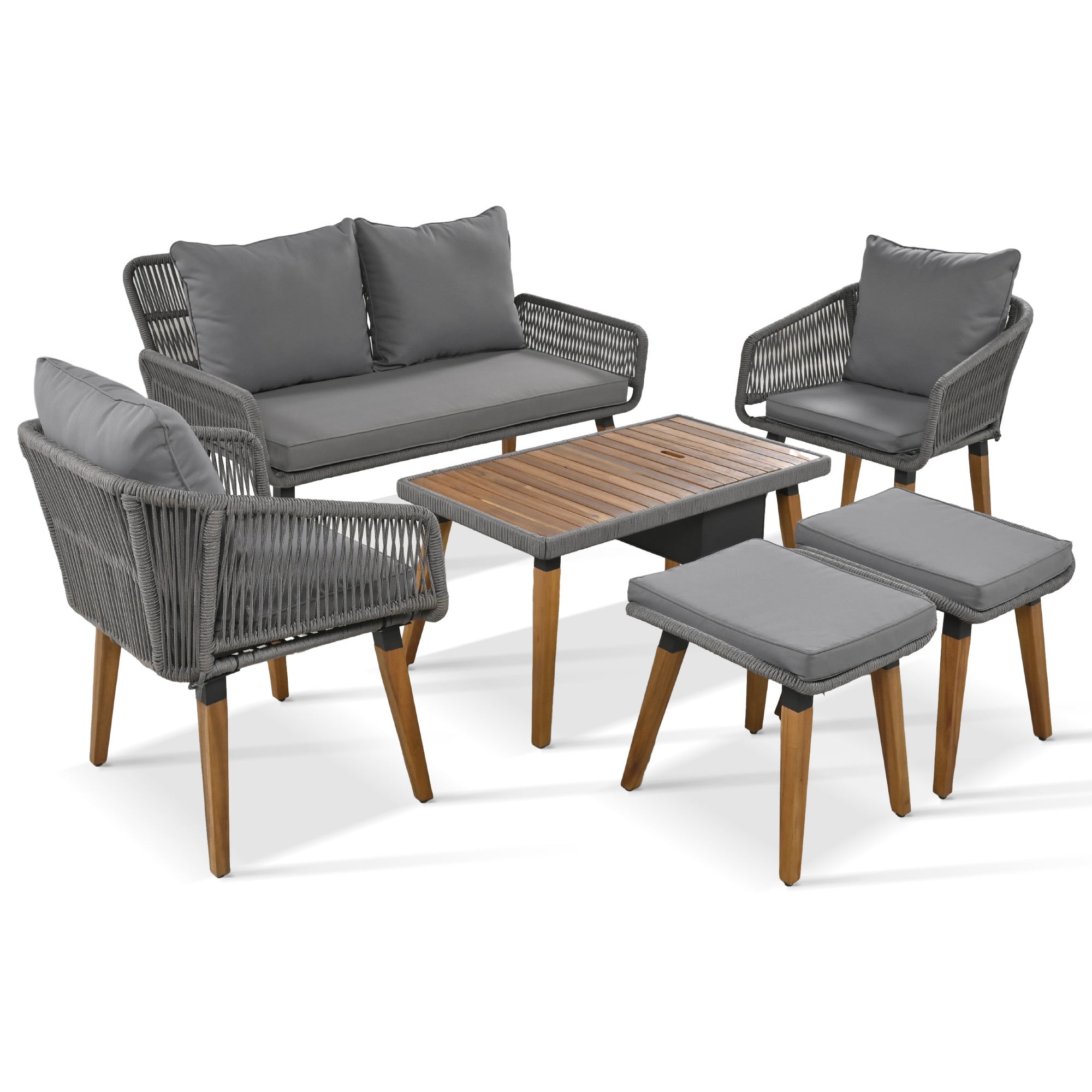 K&K 6-Piece Rope Patio Furniture Set, Outdoor Furniture with Acacia Wood Cool Bar Table with Ice Bucket , Deep Seat Patio Conversation Set with Two Stools for Backyard Porch Balcony (Grey)