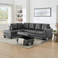 Sectional 3-Seaters Sofa , reversible recliner, Storage pad and wood grain cup holder, Non-slip leg, pu, grey