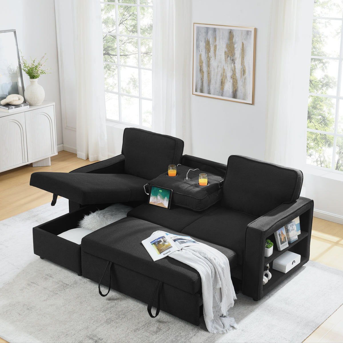 Linen Upholstered Sleeper Sectional Sofa, Shaped Modular Convertible Sofa with Storage Chaise,There are two cup holders in the middle and USB multi-interface function,Pull Out Sleep Couch Bed ,Black