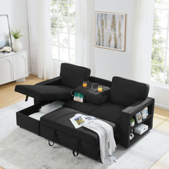 Linen Upholstered Sleeper Sectional Sofa, Shaped Modular Convertible Sofa with Storage Chaise,There are two cup holders in the middle and USB multi-interface function,Pull Out Sleep Couch Bed ,Black