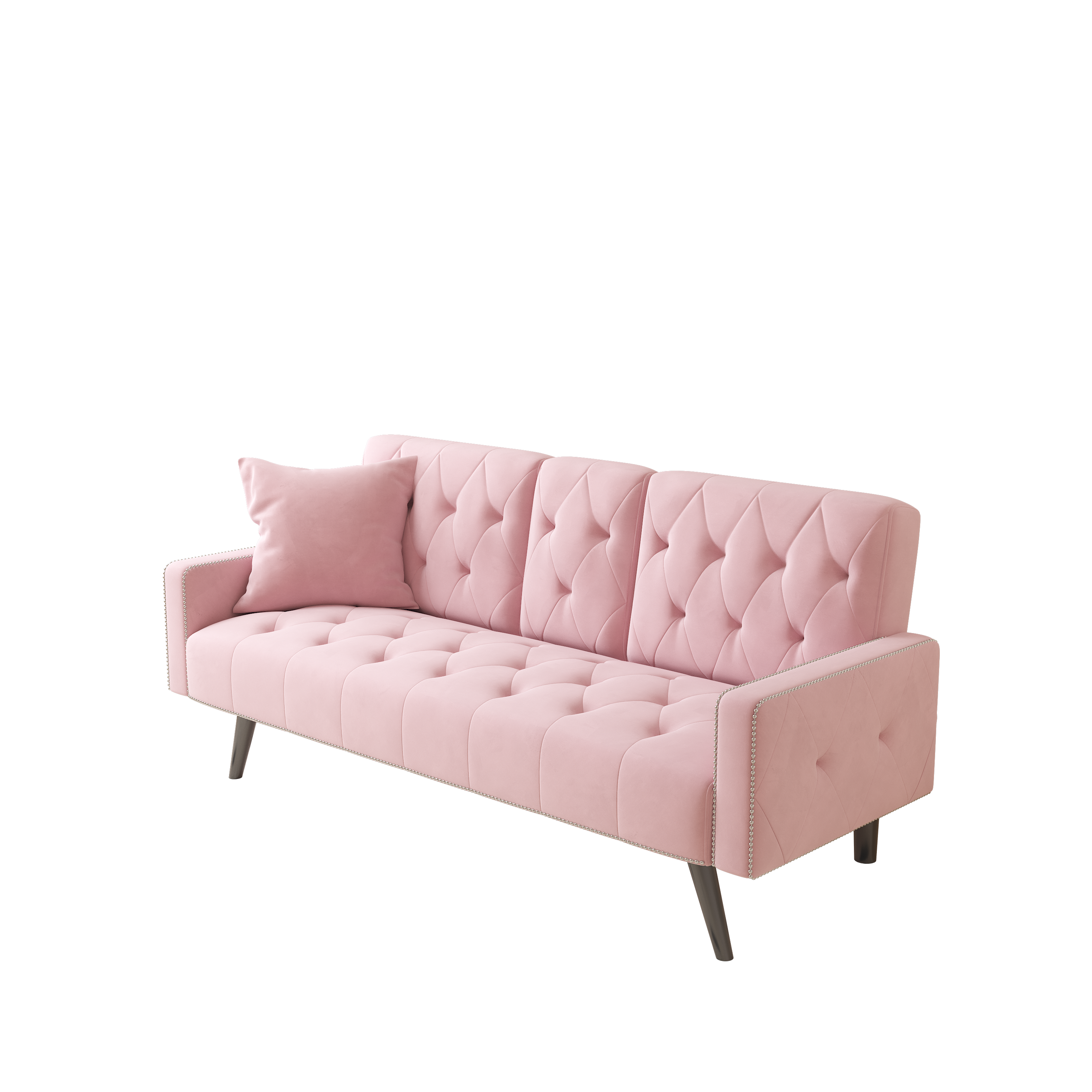 72" Pink Velvet Sofa Bed with Nail Head Trim & Two Cup Holders Sleeper Sofa for Small Living Room