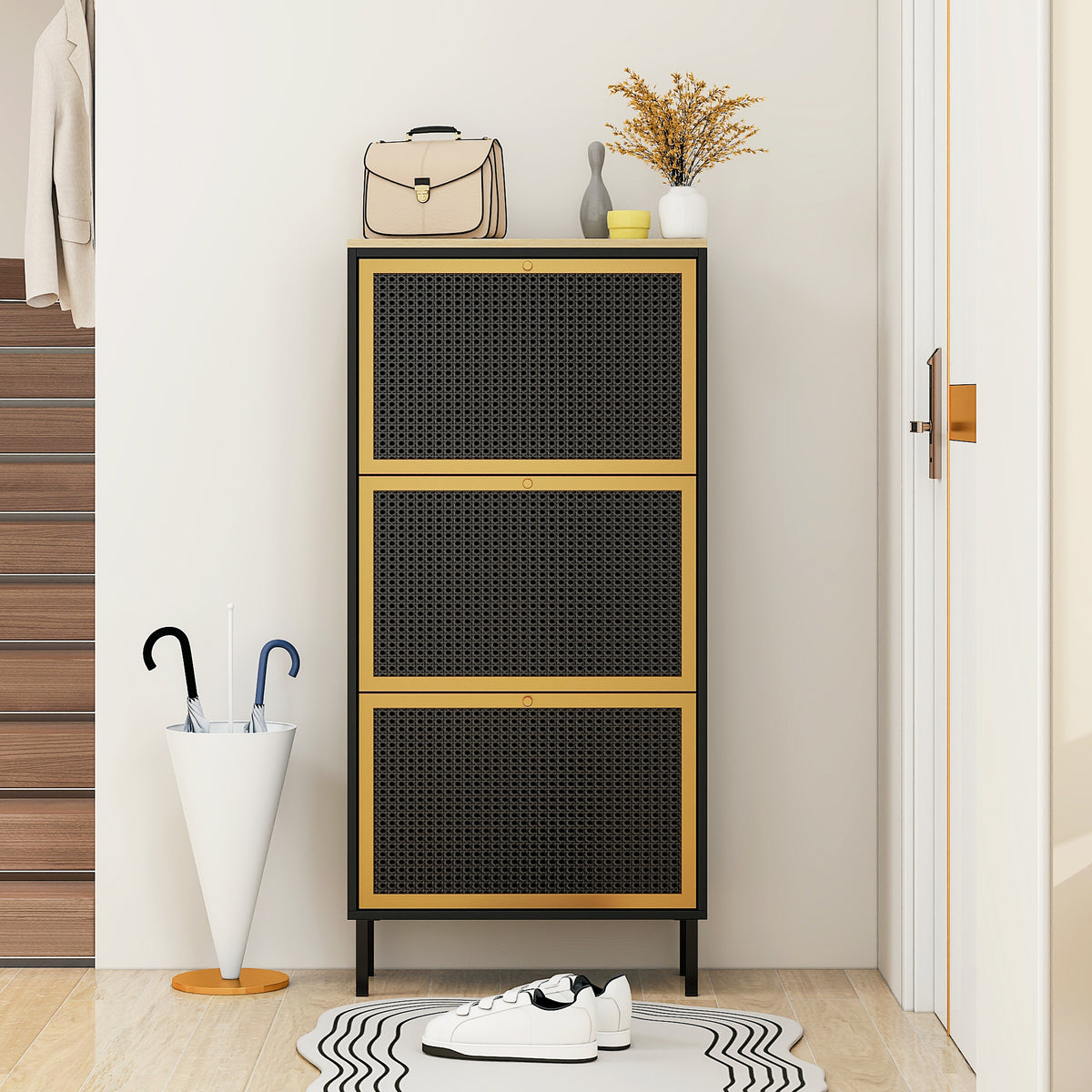 3 Metal Door Shoe Rack, Freestanding Modern Shoe Storage Cabinet, Metal rattan, for Entryway