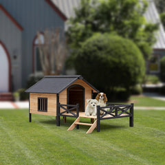 Large Wooden Dog Kennel with Porch, Outdoor Cabin House for Medium & Large Dogs
