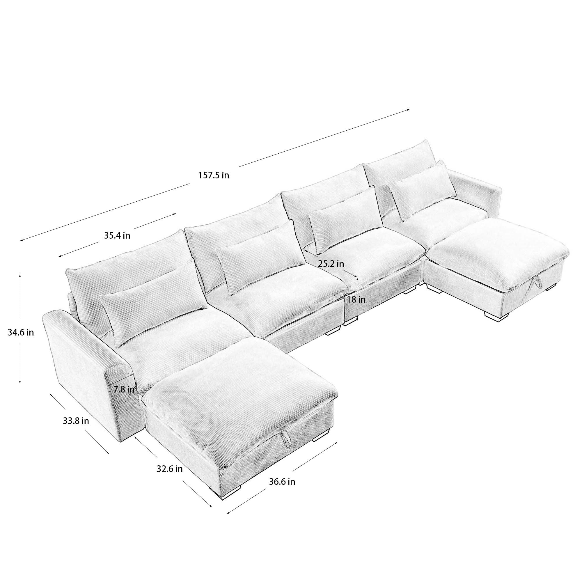 Big Deep Seat U-Shaped Corduroy Sectional Couches for Living Room, 4 Seater Sofa Couch with 2 Storage Footstool and 4 Waist Pillows (Corduroy, Blue)