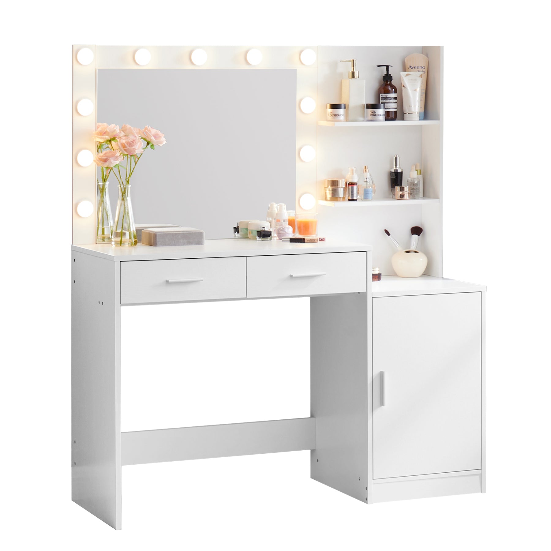 Vanity Desk with Mirror and Lights, 46.4IN Dressing Table with 2 Large Drawer&Large Vertical Organizer, 3 Level Dresser & 3 Lighting Modes Adjustable Brightness, Suitable for Bedroom(White)