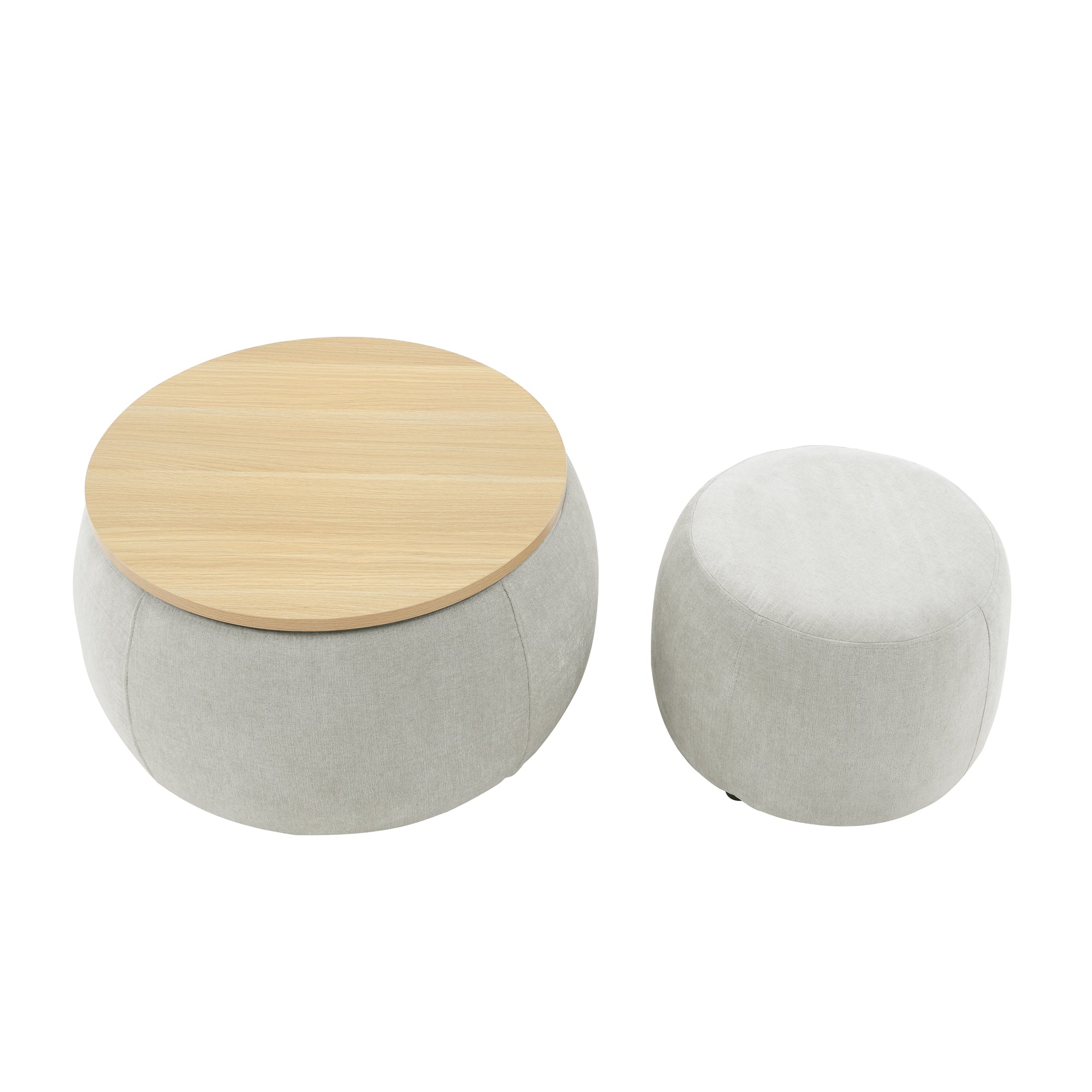 Round Storage Ottoman, 2 in 1 Function, Work as End table and Ottoman,with small seat,Light grey(25"x25"x14.7")